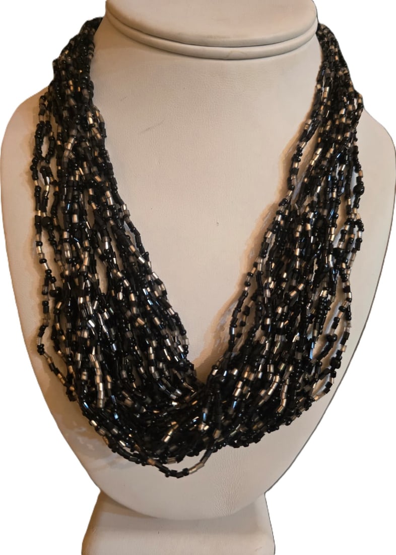 Z66 Vintage Black Glass Bugle Beaded Necklace: Z66 Vintage Black Glass Bugle Beaded Necklace Multistrand about 18