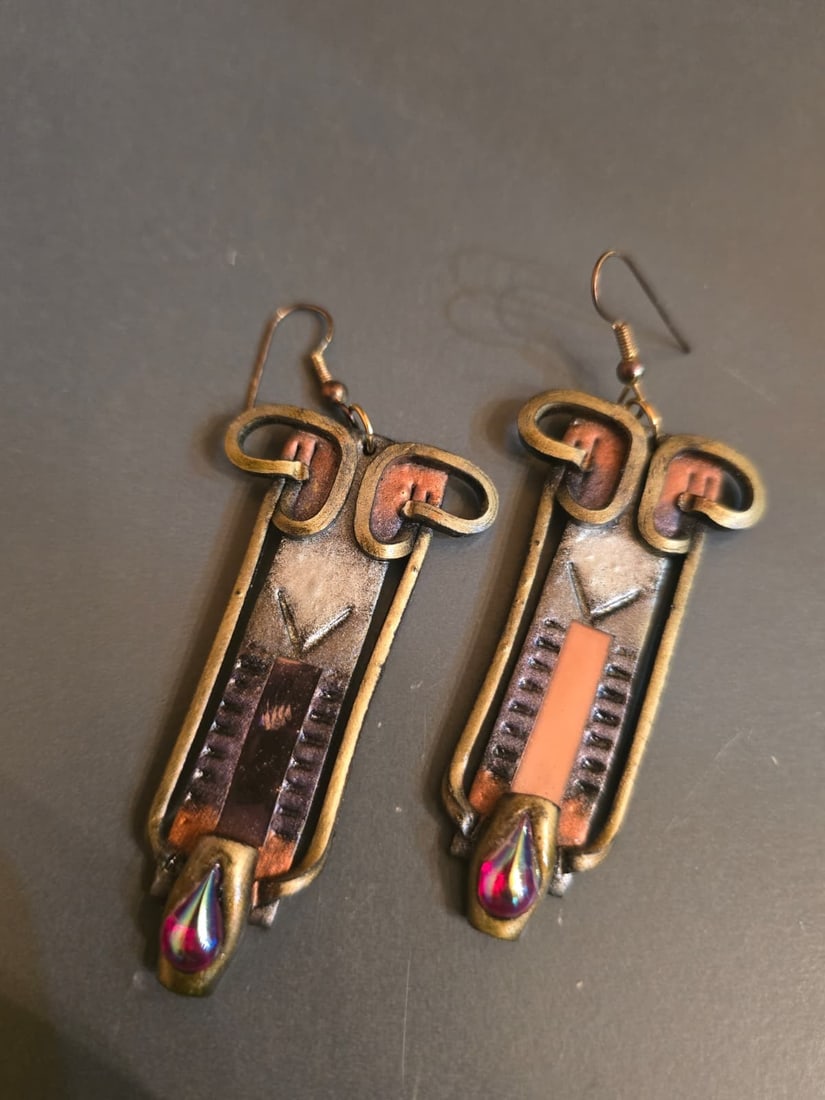 Z73 Vintage 80s Signed Leather Metal And Glass Earrings: Z73 Vintage 80s Signed Leather Metal and Glass Earrings.Hard to read mark approx. 3