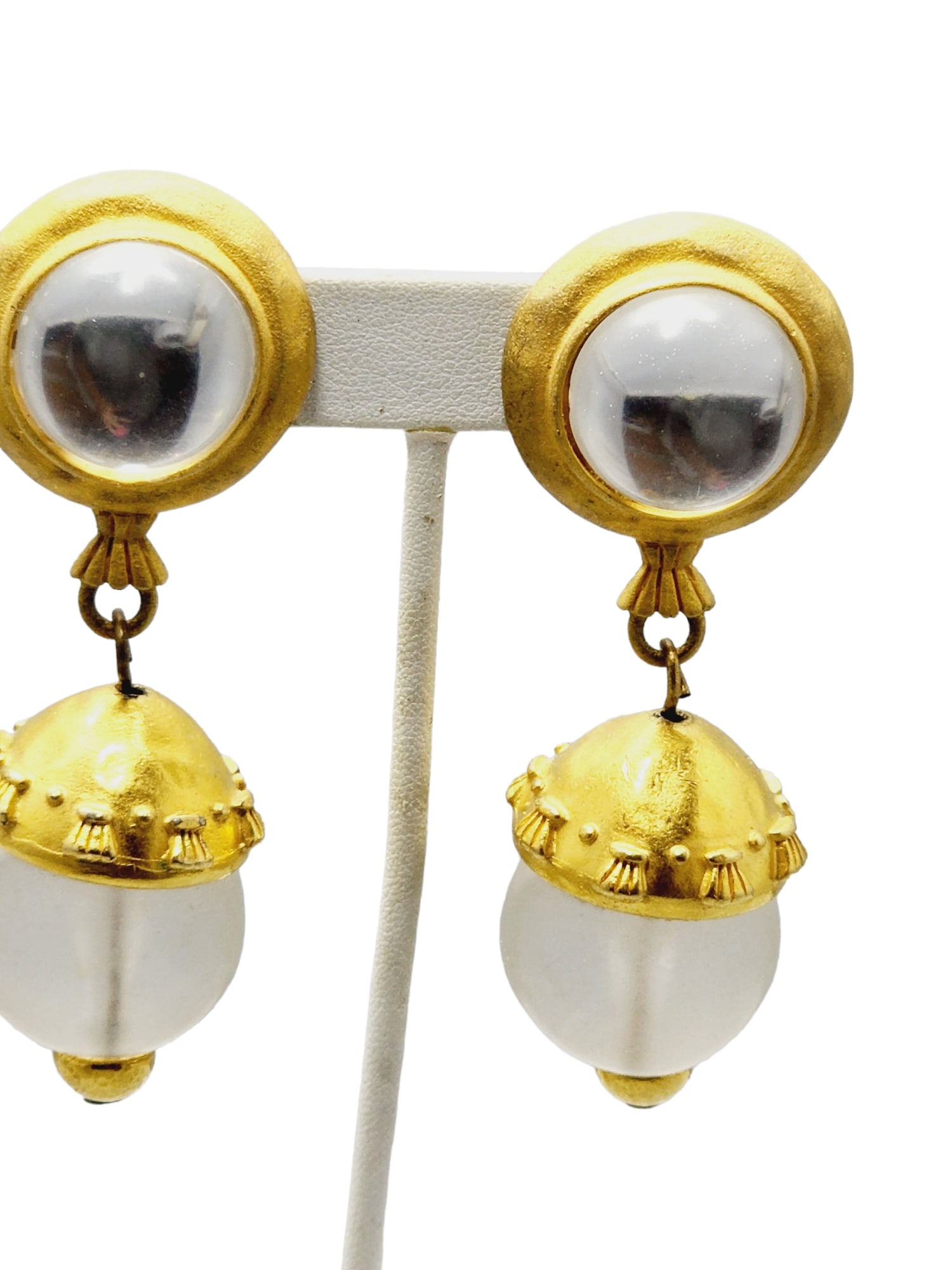 Vintage 80s Runway Couture Huge Lucite Matte Gold Earrings (A742) (1 of 4)