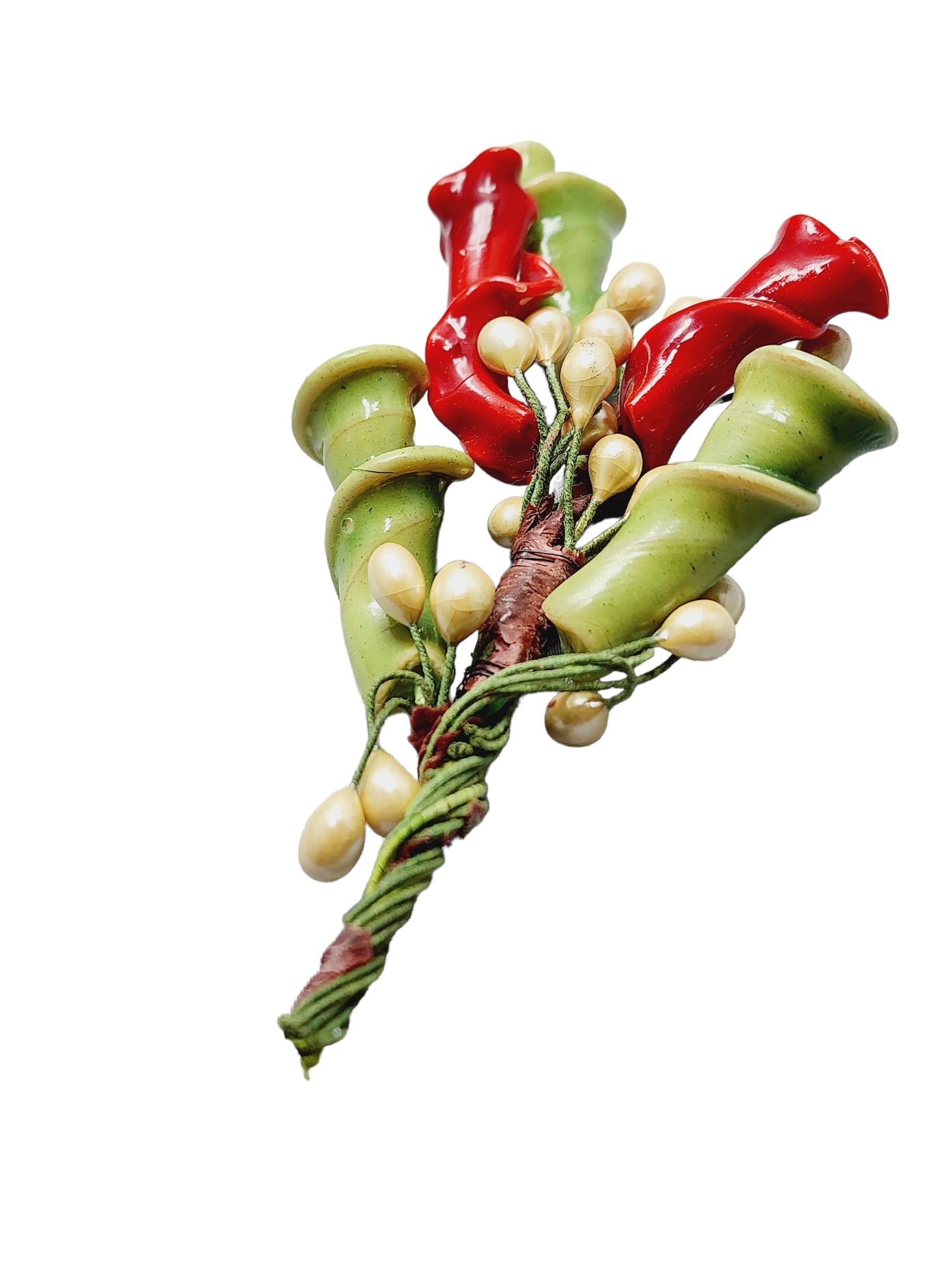 Rare Antique Hand Wired Floral Stem Brooch (A745): Rare Antique Hand-Wired Floral Stem Brooch (A745) ? Size: 5.5". Condition: Good; one red flower has a piece out of the back, possibly some type of resin or clay. Era: Circa 1920s. Signed: None. Detail