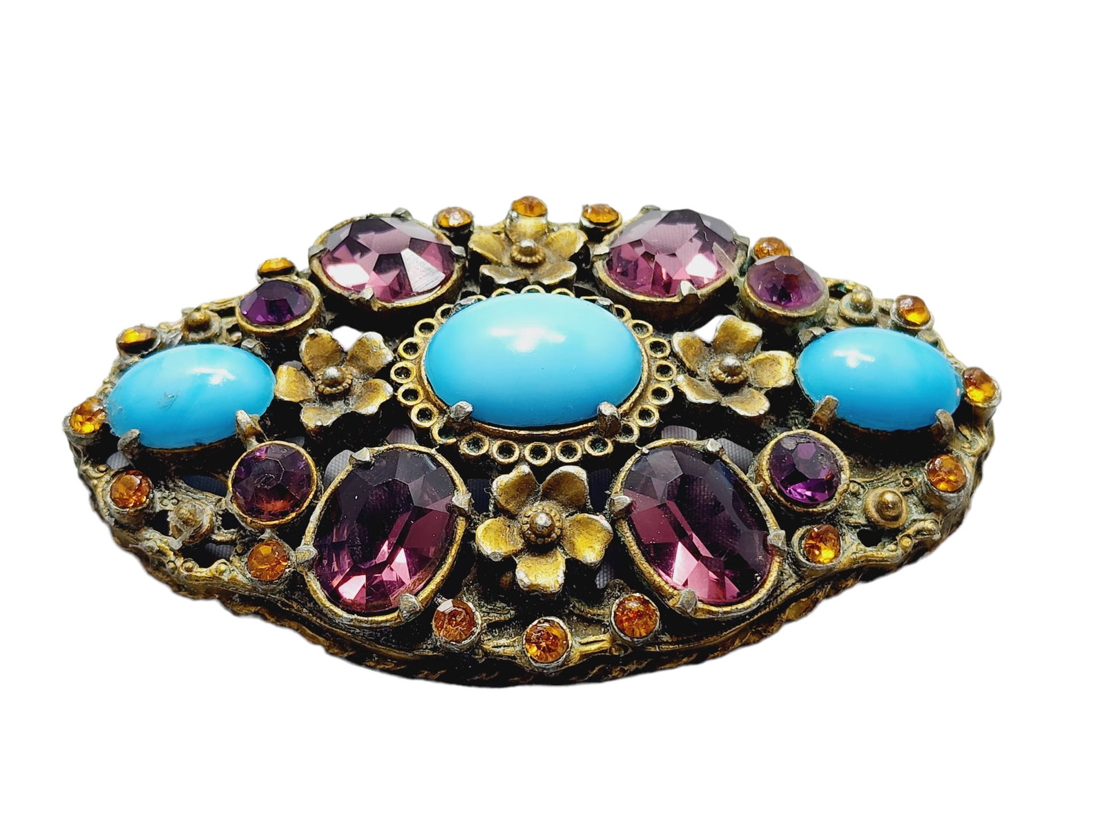 Antique Austro Hungarian Huge Brooch (A750): Antique Austro Hungarian Huge Brooch (A750) ? Size: Approx. 3". Color: Multicolor. Condition: Very good; one small stone has been replaced or is just a little lighter in purple color. Era: Circa 1920s