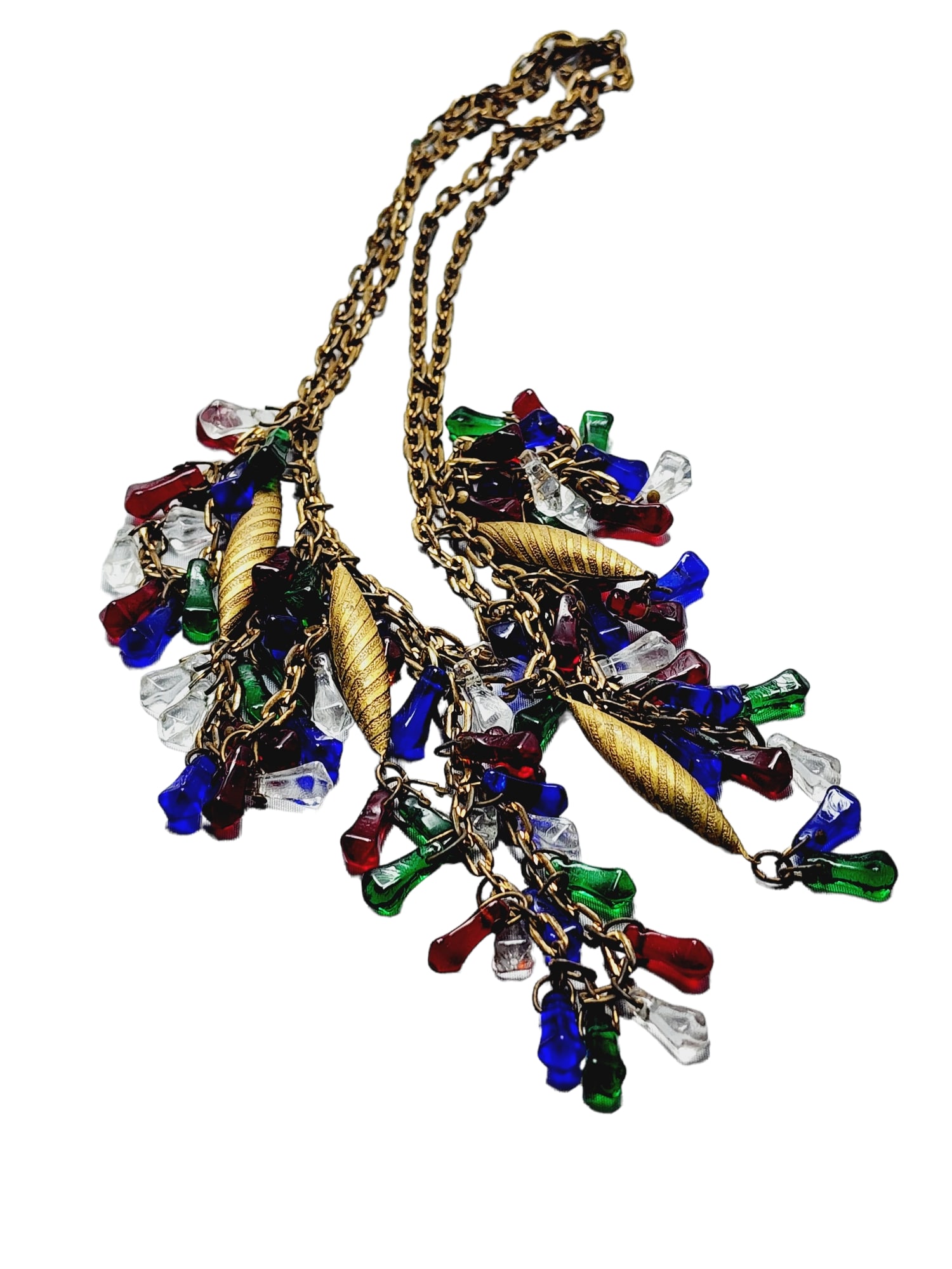 Vintage Early Haskell/Hess Glass & Brass Bib Necklace (A754): Vintage Early Haskell/Hess Glass & Brass Bib Necklace (A754) ? Size: Approx. 20". Color: Multicolor. Condition: Good vintage; some darkening to the brass. Era: Circa 1940s. Signed: None. Details: Amaz