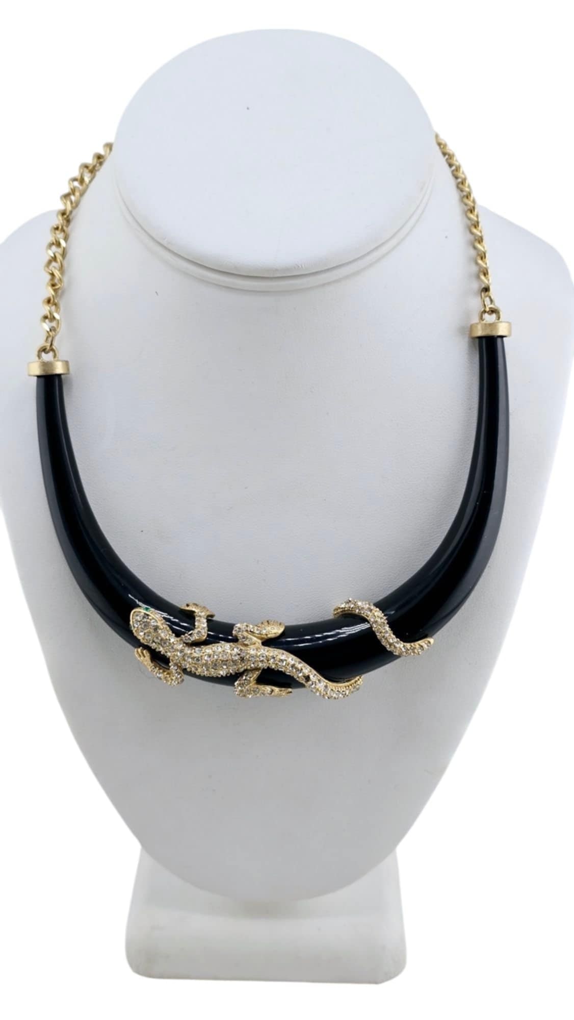 Vintage 90s ABS Rhinestone Lizard Collar Necklace Black Enamel Statement Piece: Vintage 90s ABS Rhinestone Lizard Collar Necklace Black Enamel Statement Piece (A829) ? Size: 18". Color: Black, Gold. Condition: Very good vintage. Era: Circa 1990s. Signed: ABS hangtag. Details: Adj