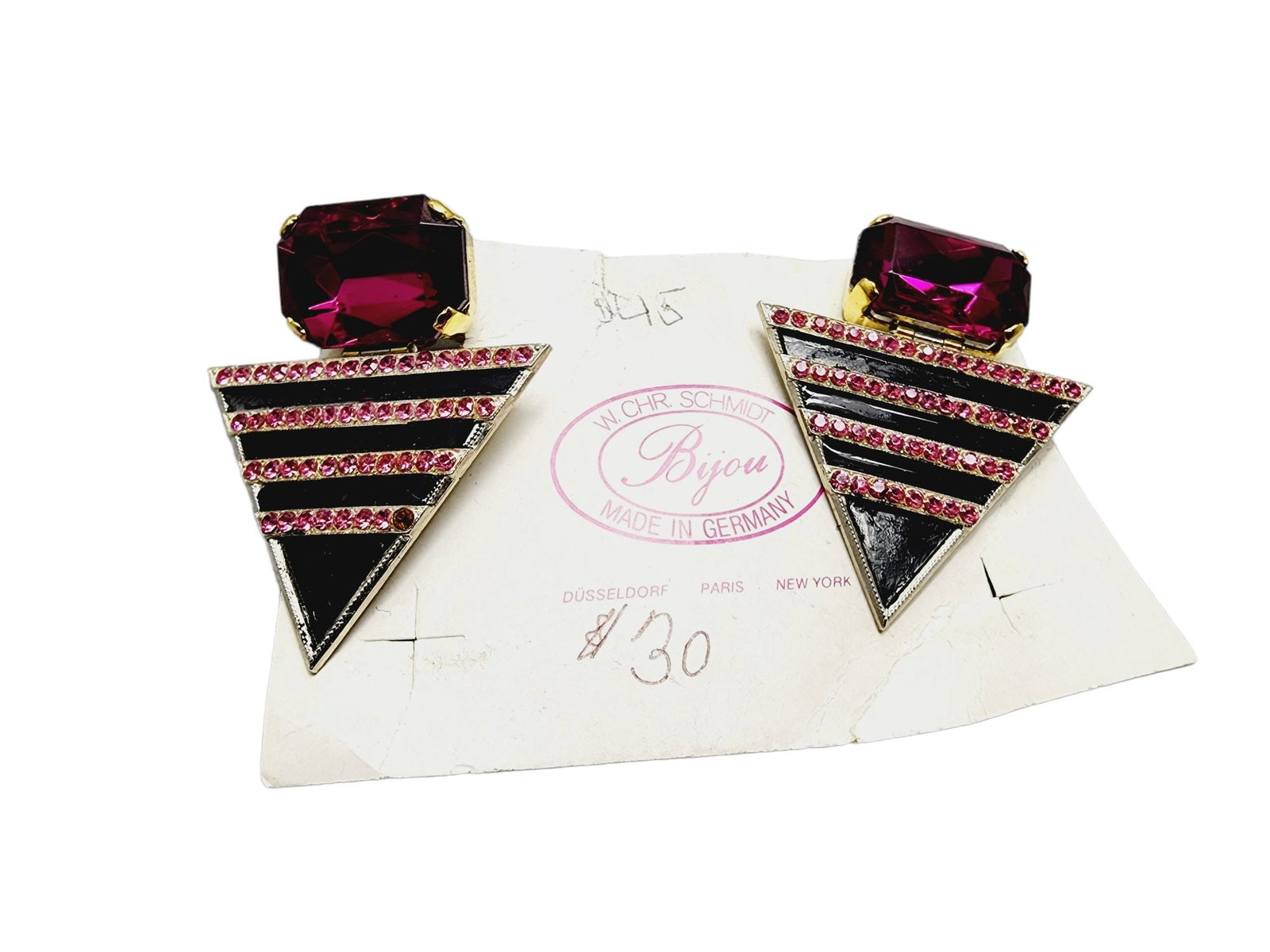 NOS Vintage Fabulous 80's W.CHR Schmidt Bijou Earrings on Original Card (A831): NOS Vintage Fabulous 80s W. CHR Schmidt Bijou Earrings on Original Card ? Fabulous pair of vintage clip earrings featuring a purple stone base with an inverted triangle in black enamel and purple rhin