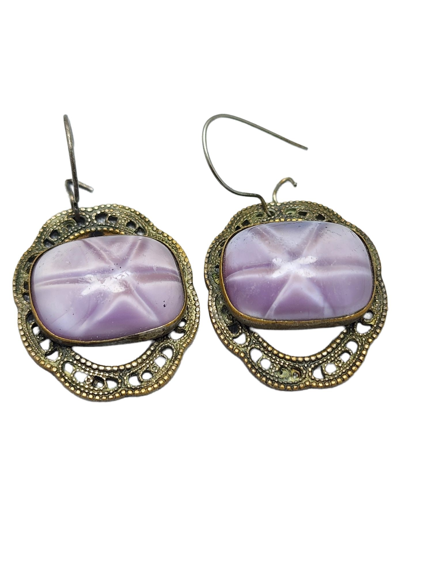 Vintage Star Amethyst Glass Drop Earrings (A833): Vintage Star Amethyst Glass Drop Earrings ? Beautiful pair of vintage earrings done in metal filigree with star amethyst glass in bezel settings. Fish hook wires are newer and attached to the filigree