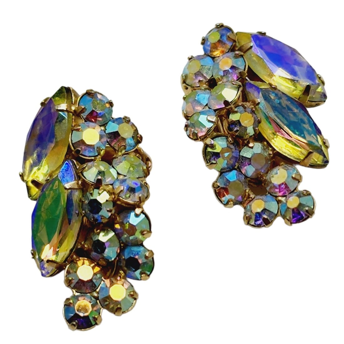 Vintage AB Yellowish Lilac Rhinestone Designer Earrings (A838) (1 of 4)