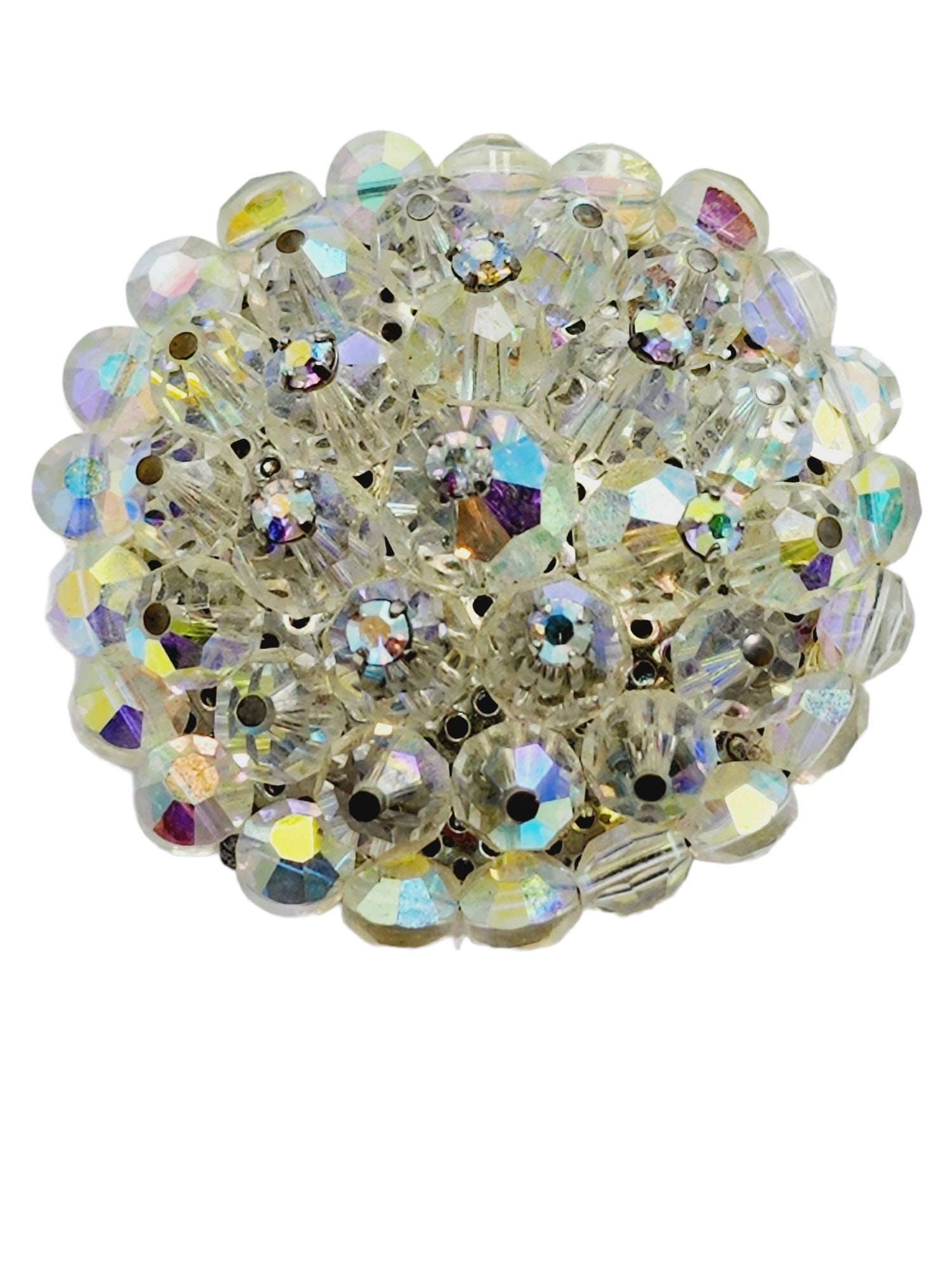 Vintage Ab Crystal Rhinestone Hand Wired Brooch (A839): Vintage AB Crystal Rhinestone Hand Wired Brooch (A839) ? Size: 1.25". Condition: Very good vintage; some dark spots on the back layer. Era: Circa 1960s. Signed: None.