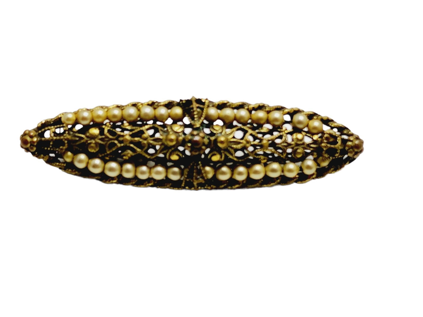 Antique Etruscan Pearl Filigree Bar Pin (A843): Antique Etruscan Pearl Filigree Bar Pin (A843) ? Size: 2.25". Condition: Very good; very well made. Era: Circa 1920s. Signed: None. Details: Beautiful detail.