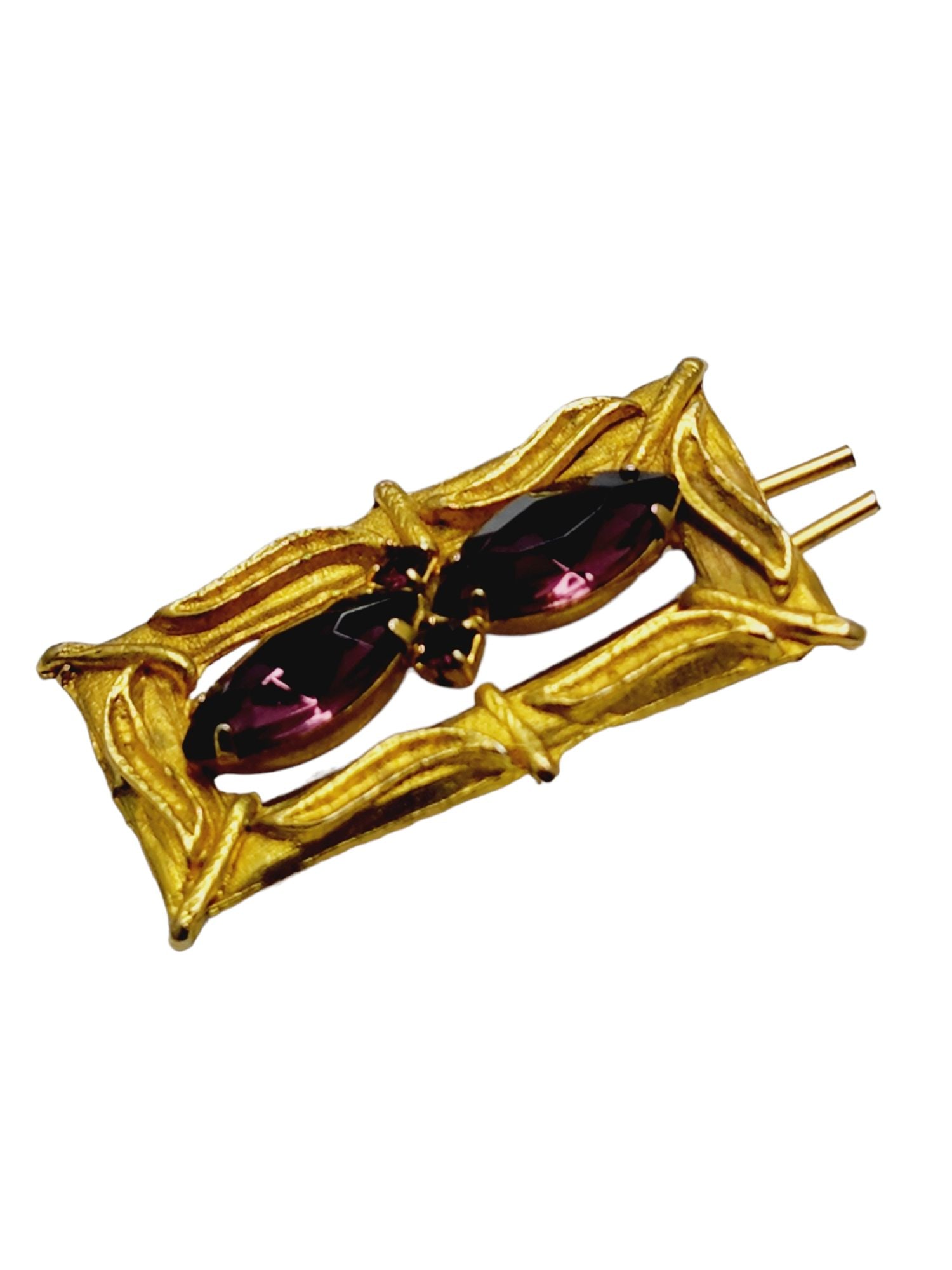 Antique Glass Gilt Metal Hair Barrette (A844): Antique Glass Gilt Metal Hair Barrette (A844) ? Size: 2". Color: Gold, Purple. Condition: Very good. Era: Circa 1920s. Signed: None. Details: Heavy and very well made.