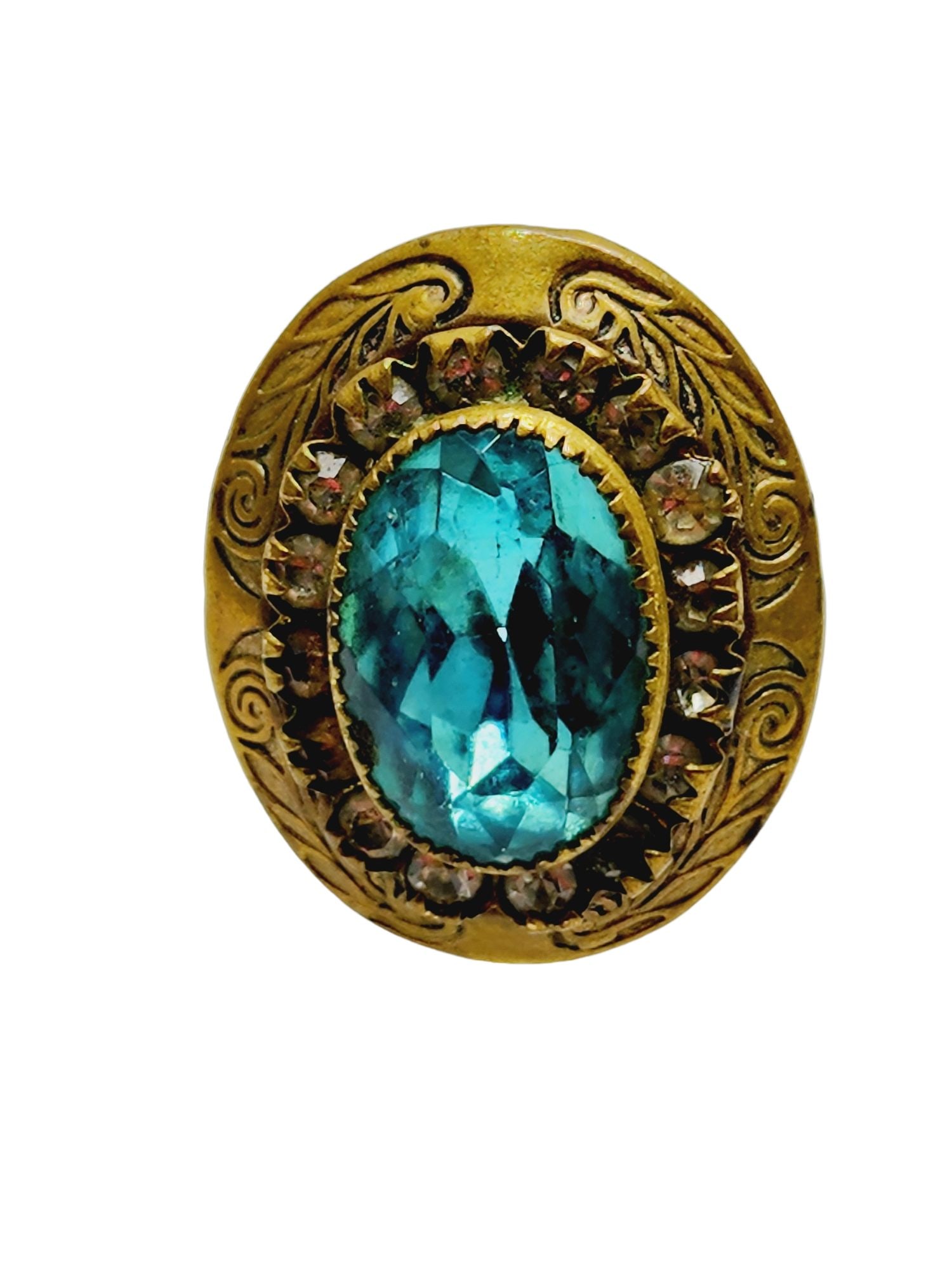 Antique Art Nouveau Faceted Glass Rhinestone Brass Decorative Ring (A845): Antique Art Nouveau Faceted Glass Rhinestone Brass Decorative Ring (A845) ? Size: 6.5. Condition: Very good; some rhinestones have darkened. Era: Circa 1920s. Signed: None.