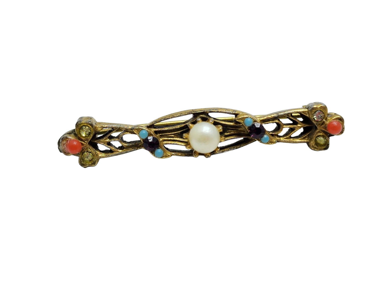 Vintage Victorian Revival Jeweled Bar Pin (A850): Vintage Victorian Revival Jeweled Bar Pin ? Size: Approx. 1.75". Condition: Very good. Era: Circa 1960s. Signed: N/A.
