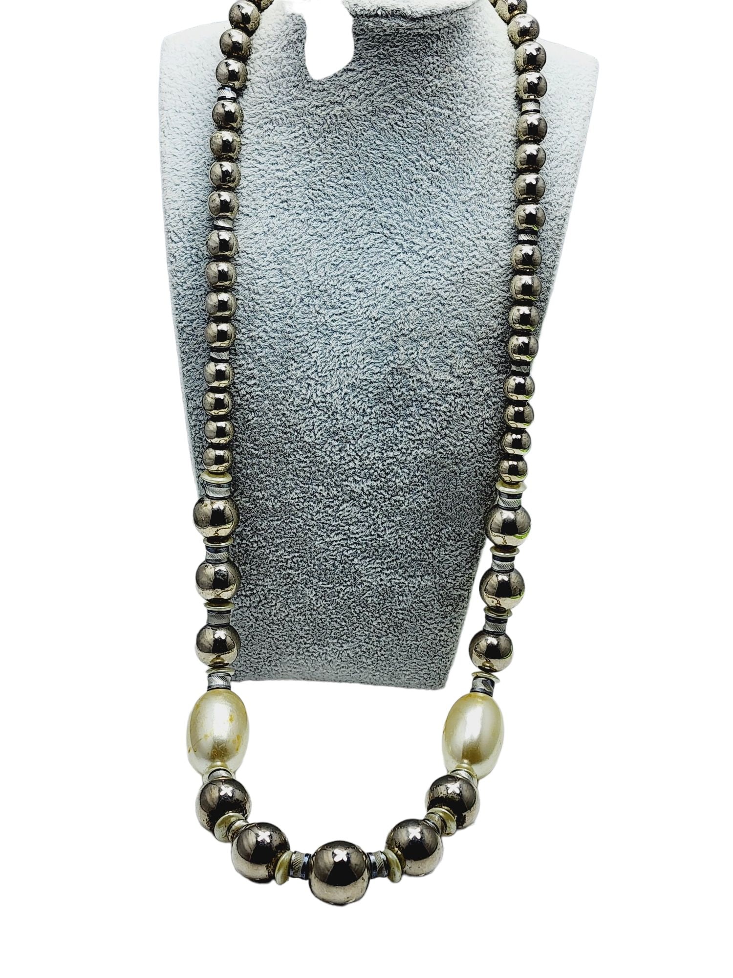 Vintage 80s Silvertone Beaded & Pearl Necklace on Chain (A858) (1 of 5)