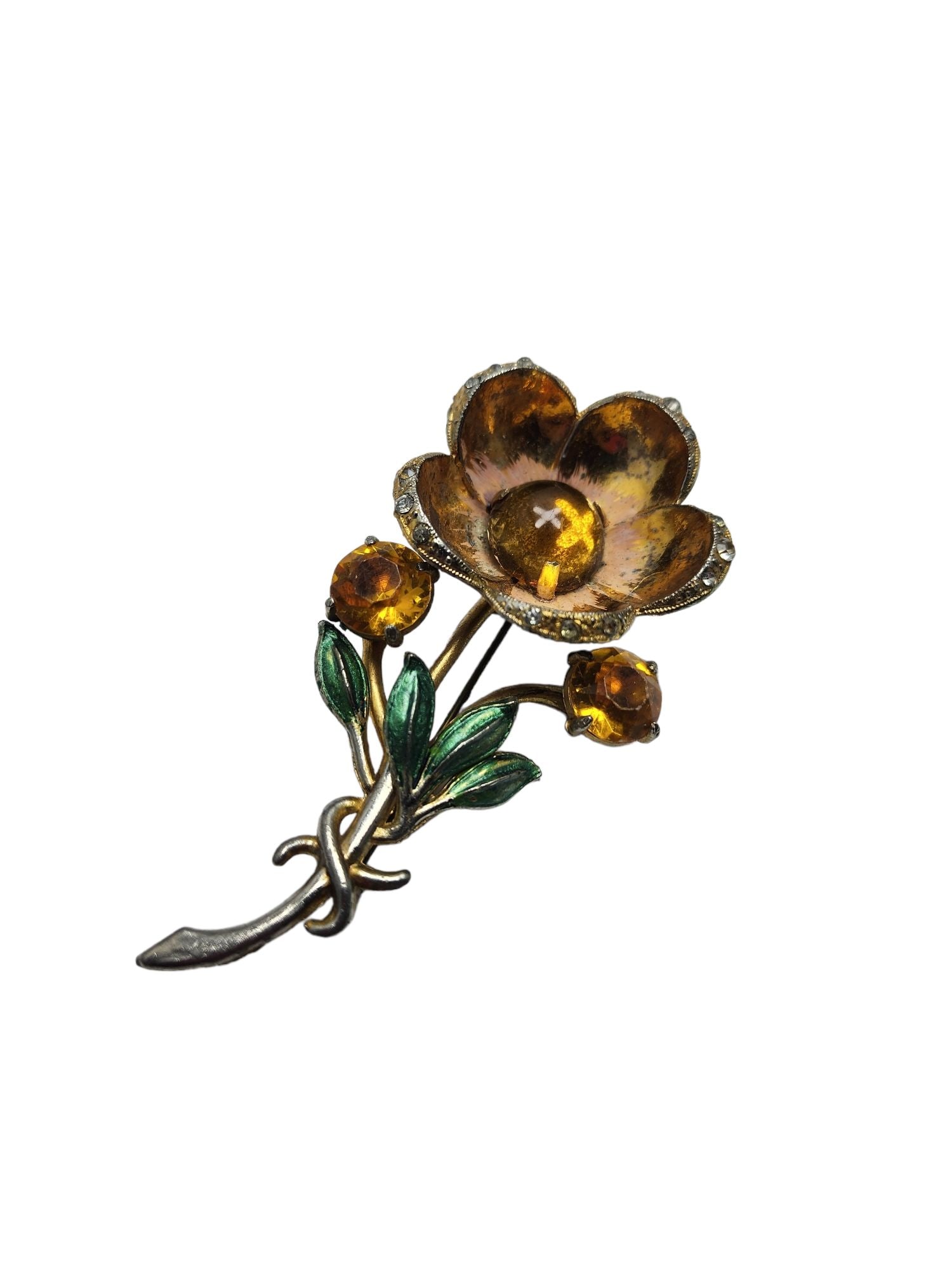 Vintage Wonderful Dimensional Cabochon Flower Brooch (A863): Vintage Wonderful Dimensional Cabochon Flower Brooch (A863) ? Size: Approx. 3.5". Condition: Good vintage; some stones have darkened and been replaced. Era: Circa 1960s. Signed: None. Details: Very we
