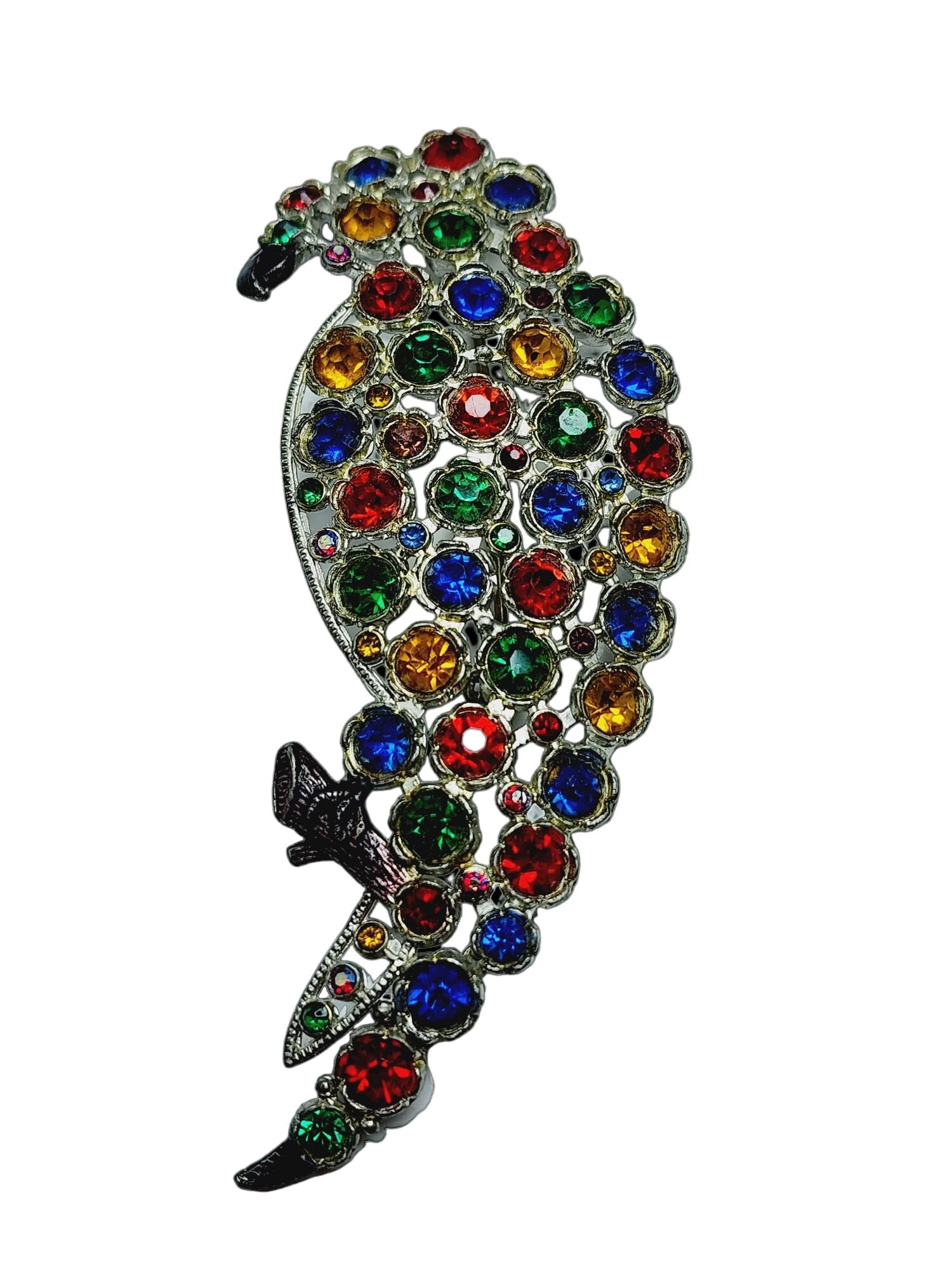 Antique Art Deco Pot Metal Glass Rhinestone Parrot Brooch (A893): Antique Art Deco Pot Metal Glass Rhinestone Parrot Brooch (A893) ? Size: Approx. 4". Color: Multicolor. Condition: Very good. Era: Circa 1920s. Signed: None. Details: Nice early large brooch!