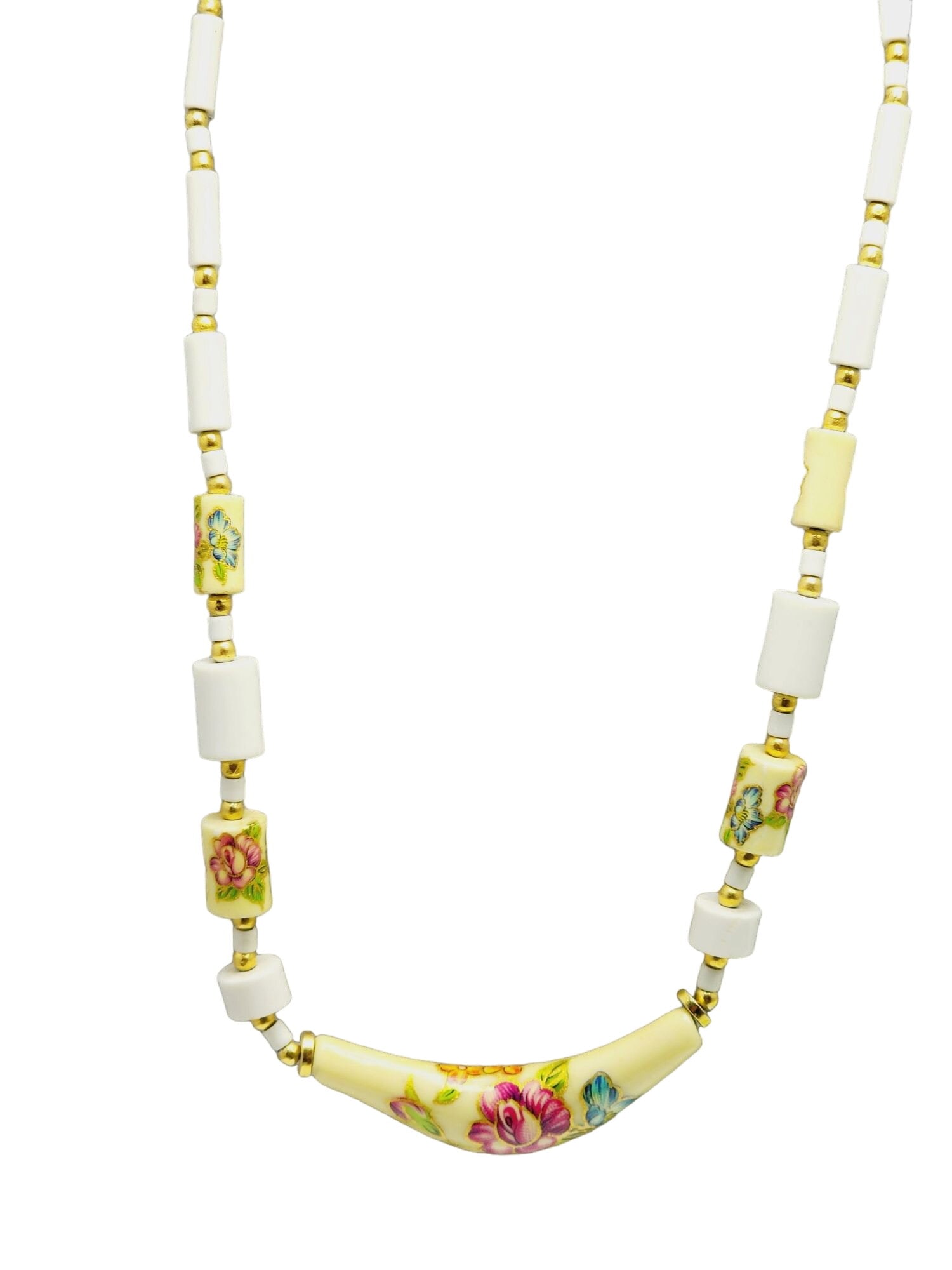 Vintage 60s Floral Porcelain Necklace (A896) (1 of 3)