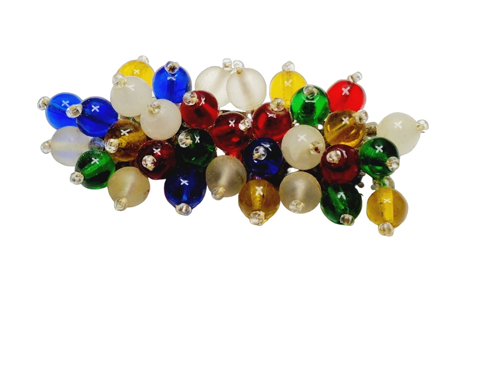 Vintage Unsigned Miriam Haskell/Frank Hess Glass Brooch (A901): Vintage Unsigned Miriam Haskell/Frank Hess Glass Brooch (A901) ? Size: Approx. 2.5". Color: Multicolor. Condition: Good vintage; does have some verdigris, which is typical for early Haskell. One end o