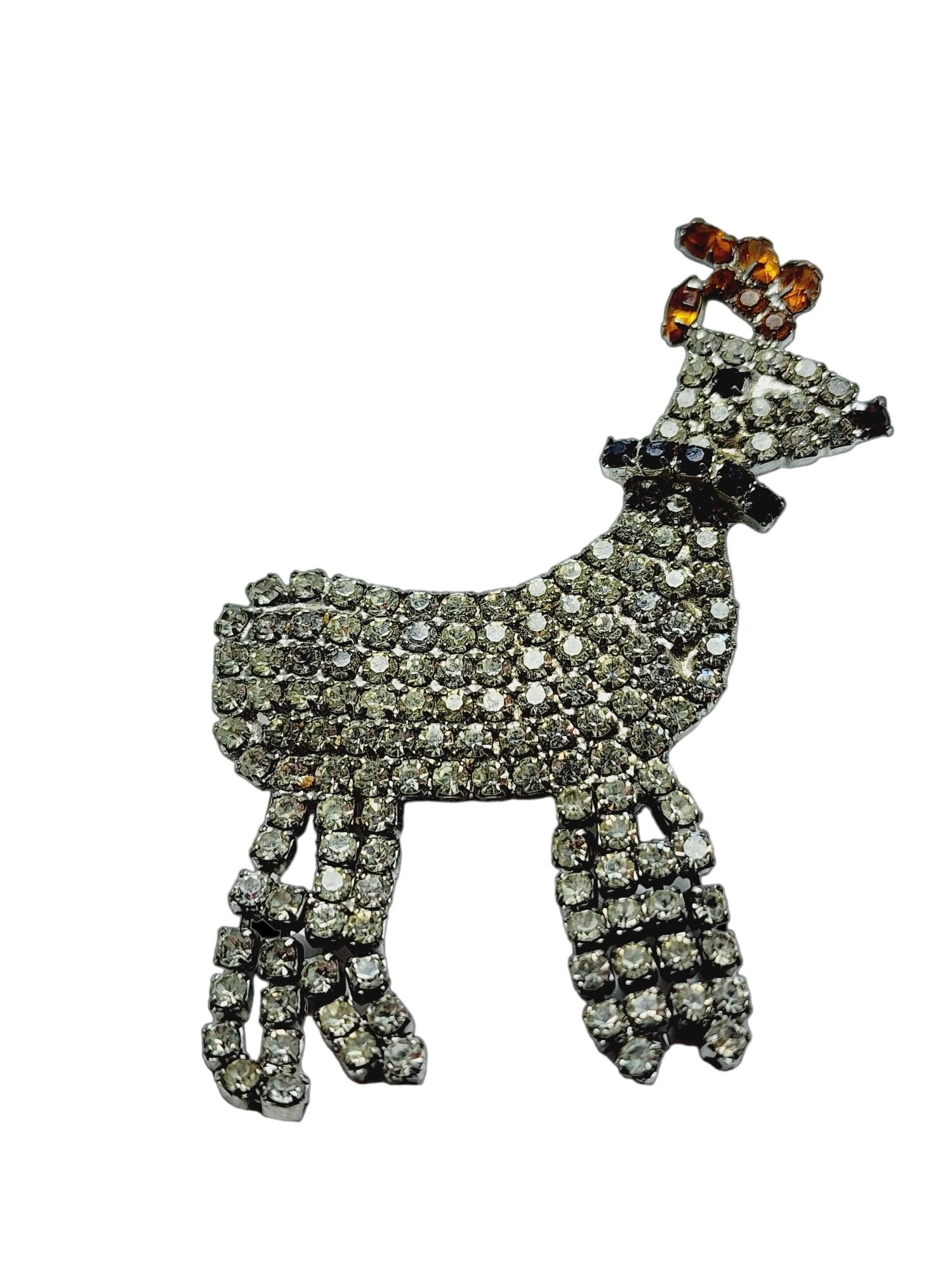 Vintage Rhinestone Reindeer Brooch (A916): Vintage Rhinestone Reindeer Brooch (A916) ? Size: Approx. 2.5". Color: Clear. Condition: Very good vintage. Signed: None. Details: Legs move.