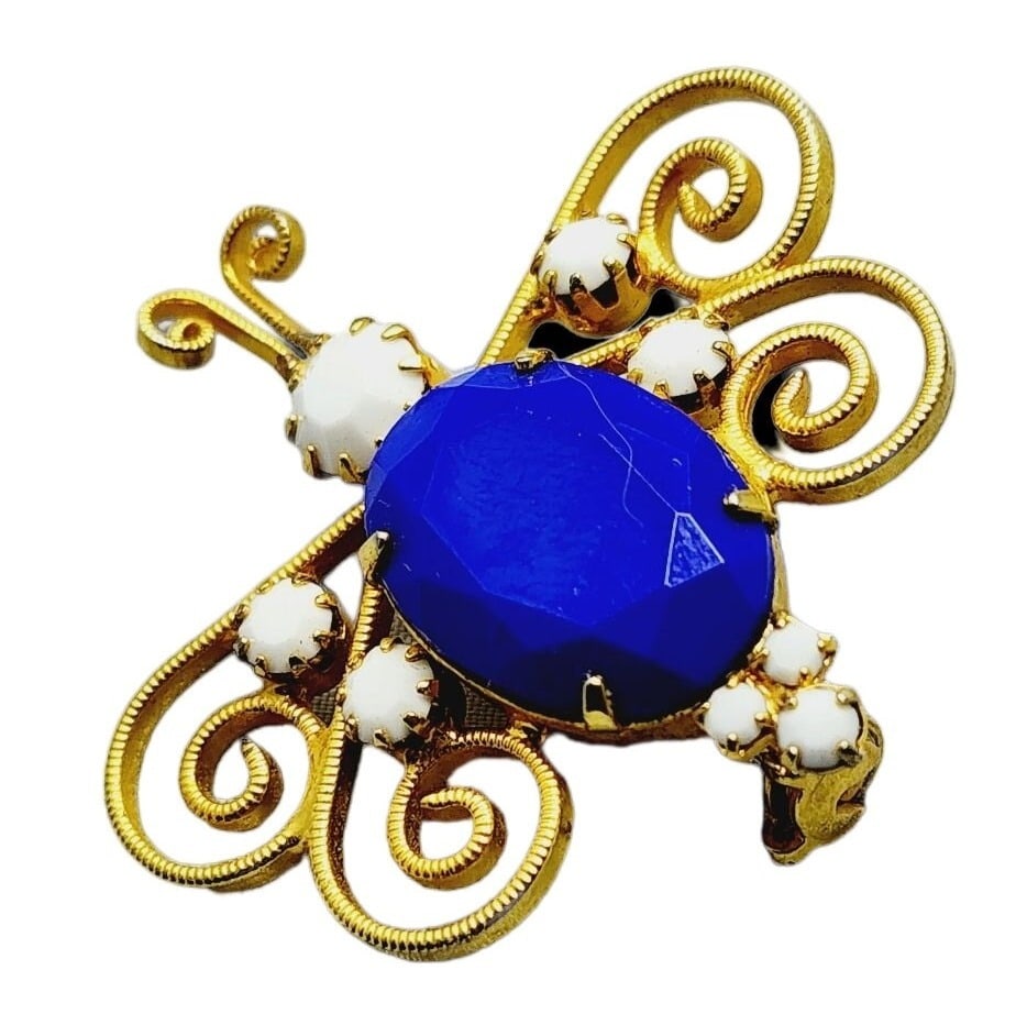 Vintage Glass Butterfly Brooch (A936): Vintage Glass Butterfly Brooch (A936) ? Size: Approx. 1.5". Color: Gold, Blue, White. Condition: Very good vintage. Era: Circa 1960s. Signed: None.