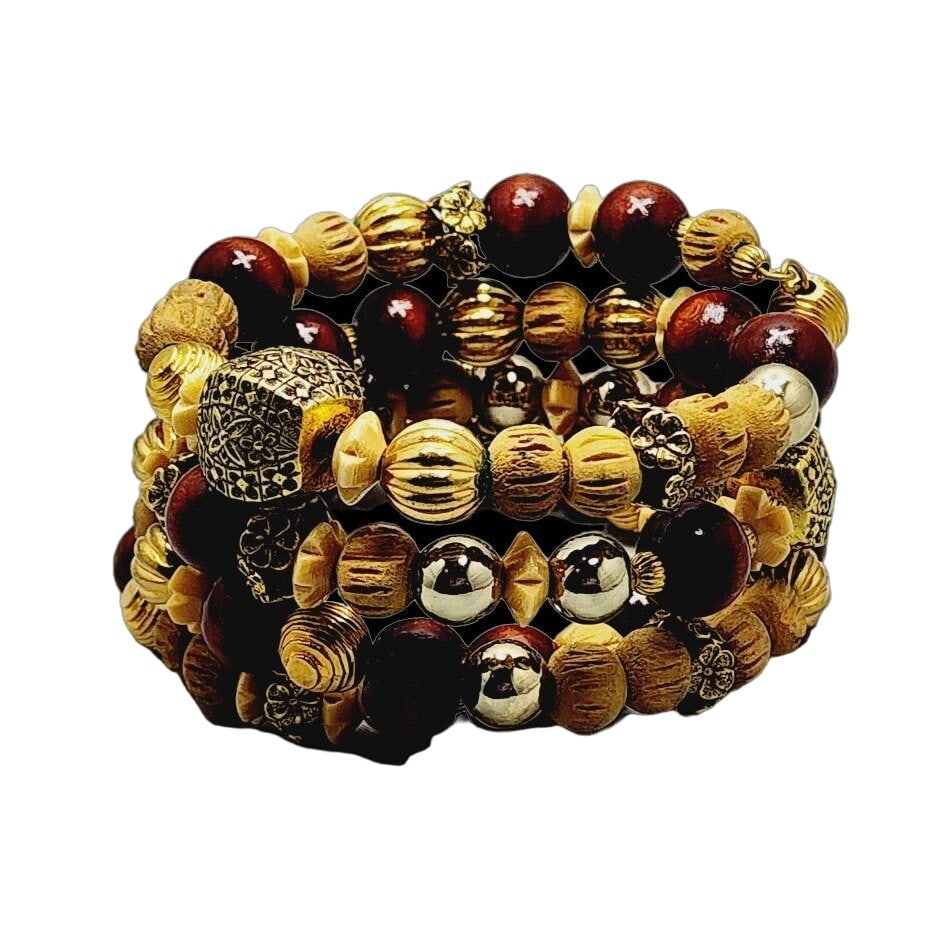 Vintage NOS Bee Charming Wood Memory Glass Bracelet (A938): Vintage NOS Bee Charming Wood Memory Glass Bracelet (A938) ? Size: Expandable; on memory wire. Condition: Very good vintage - New old stock. Era: Circa 2000s. Signed: Bee Charming. Details: From my ol