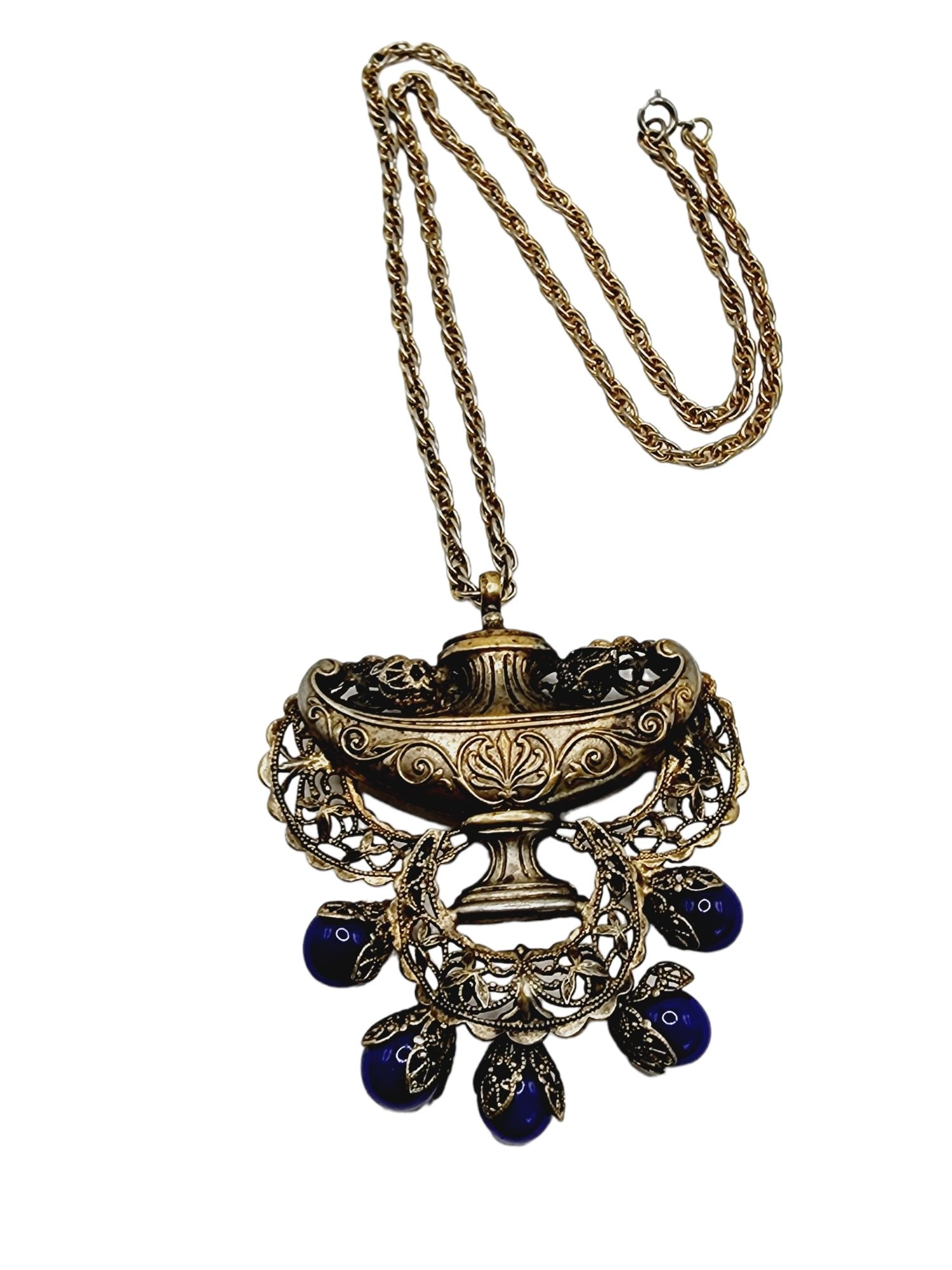 Vintage Unusual Brass Filigree & Glass Urn Pendant Necklace (A1257) (1 of 5)