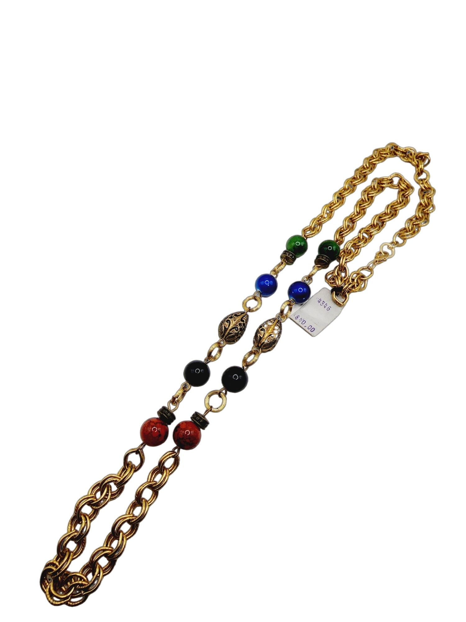 Vintage NOS 80s Double Link Enameled Beaded Necklace Attributed to Paula Designs: Vintage NOS 80s Double Link Enameled Beaded Necklace Attributed to Paula Designs. Size: 32". Color: Multicolor. Condition: Very good vintage; new old stock. Era: Circa 1980s. Signed: None. I believe t