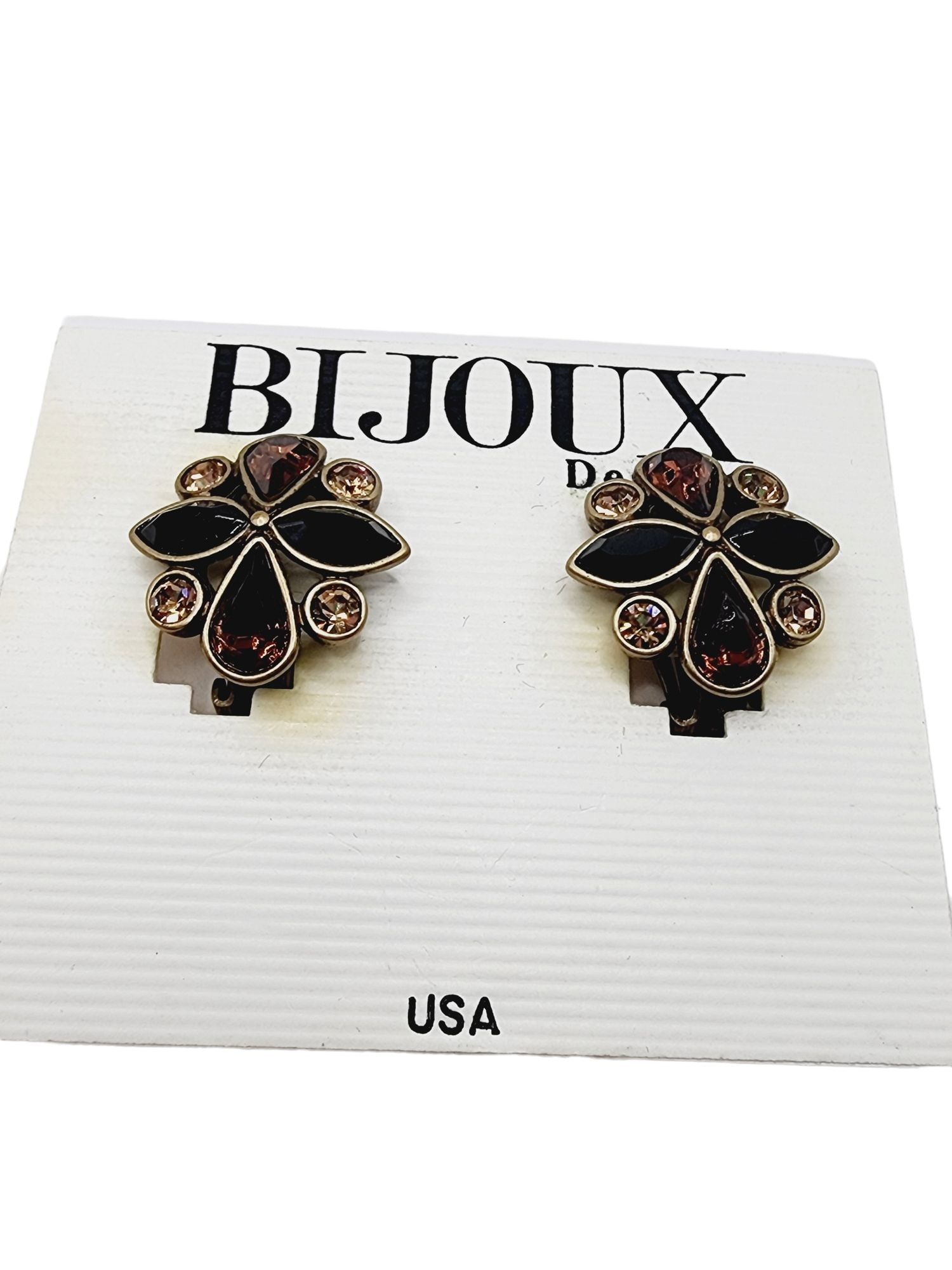 Vintage 80s NOS Bijoux Designs Rhinestone Earrings on Original Card (A1292): Vintage 80s NOS Bijoux Designs Rhinestone Earrings on Original Card. Size: almost 1". Condition: Very good vintage; new old stock. Era: Circa 1980s. Signed: Bijoux Designs. Clip-on closure for pierced