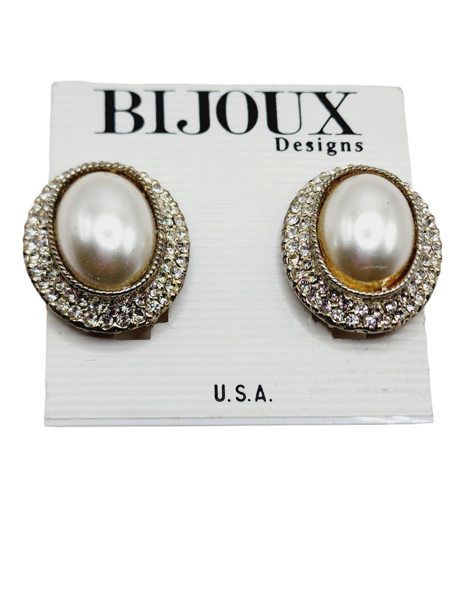 Vintage NOS 80s Pearl Rhinestone Earrings on Bijoux Design Card (A1296) (1 of 4)