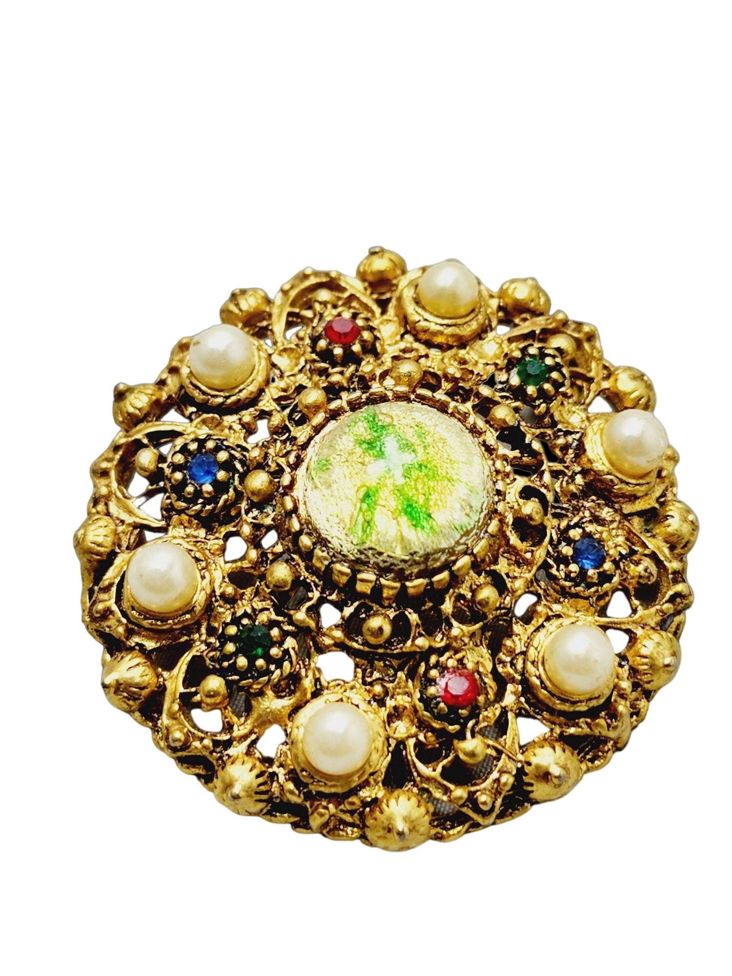 Vintage Pretty Unsigned Confetti Glass Brooch (A1474): Vintage Pretty Unsigned Confetti Glass Brooch. Size: 2". Color: Gold, Green. Condition: Very good vintage. Signed: None. Nice weight!
