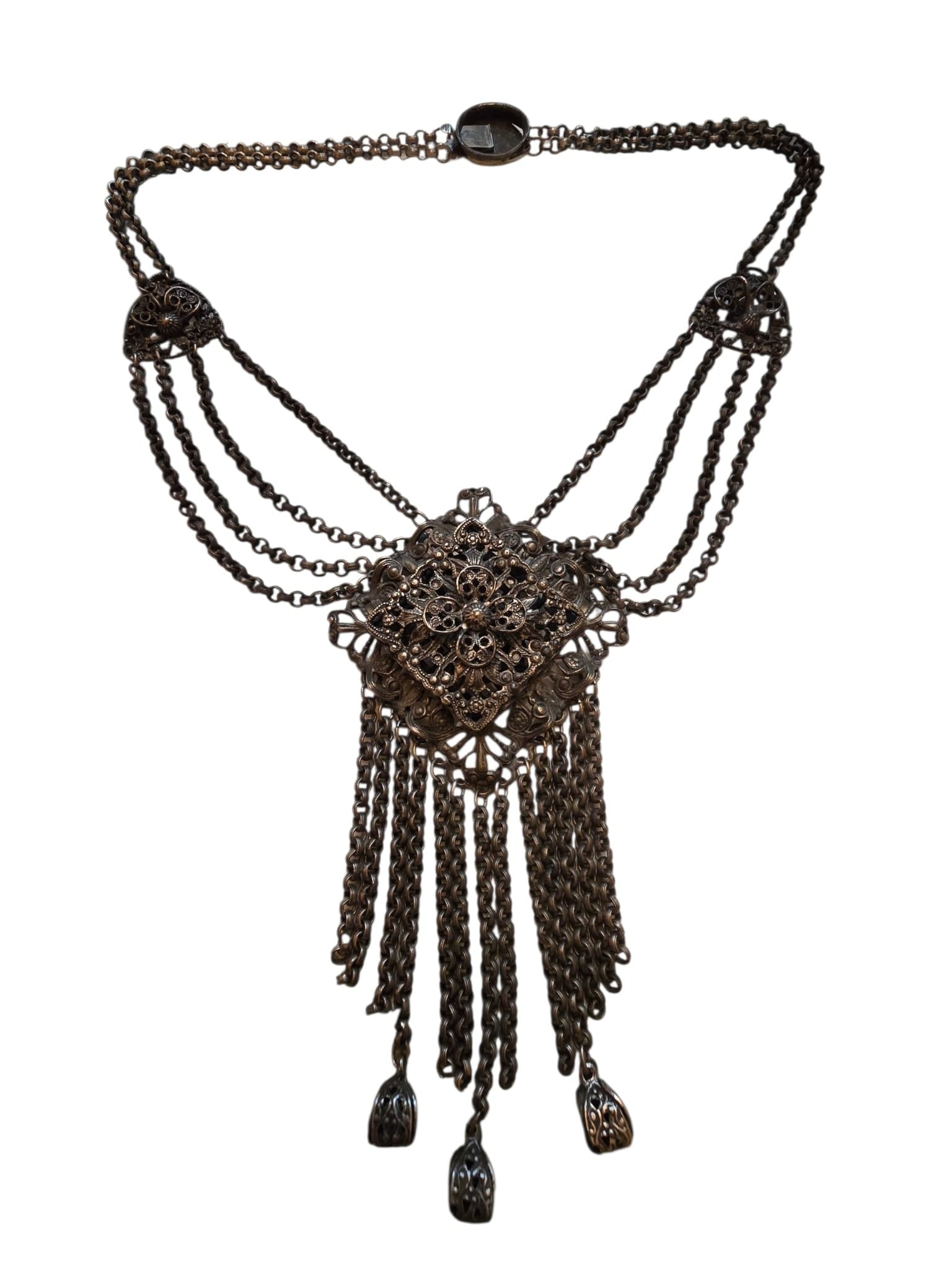 Pewter Tone Vintage Etruscan Festoon Indocraft Style Necklace: Pewter tone vintage Etruscan festoon Indocraft style necklace. About 17" and 3" drop. Please note back cover of push in clasp is missing. Clasp works well. Unsigned but looks like Indocraft.