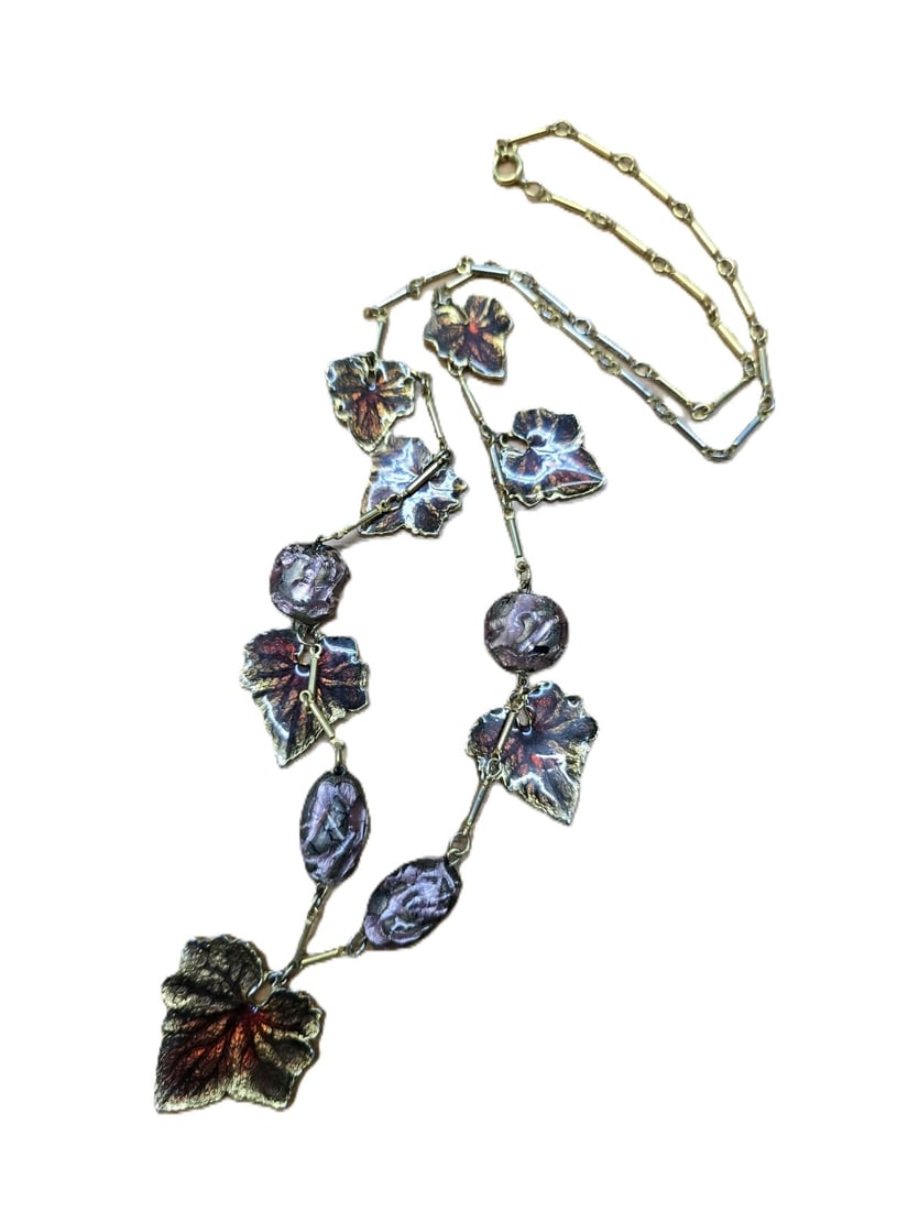 Purple Foil Glass With Enamel Style Hanging Leaf: Purple foil glass with enamel style hanging leaf. Some tone loss to back of the leafs. 26". Nice weight.