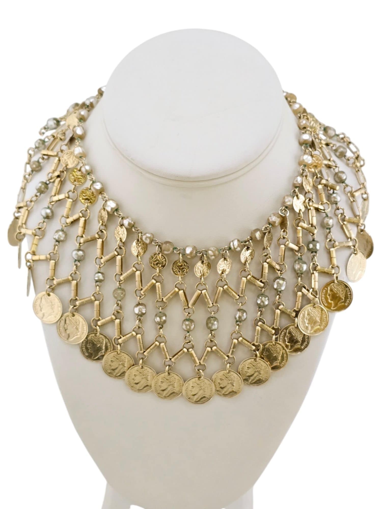 Vintage 80s Faux Pearl & Coin Bib Necklace (A7867): Vintage 80s Faux Pearl & Coin Bib Necklace. Size: 16" long x 3" down. Color: Gold. Condition: Very good vintage. Era: Circa 1980s. Signed: None.