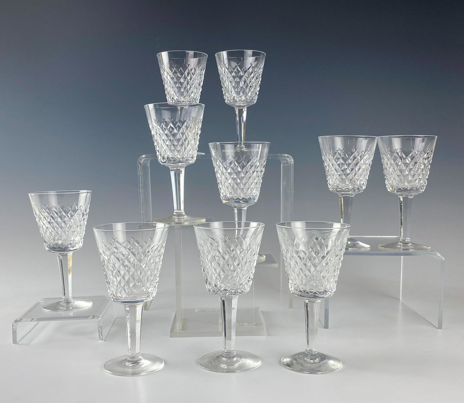 Waterford Crystal Alana Claret Wine Goblets SET 10: Waterford (Irish). Distinctive cut cross hatch pattern encircling body. Tapered multi sided stems over clear circular bases. Pattern introduced 1952. Signed WATERFORD. No Box. Good estate fresh condit