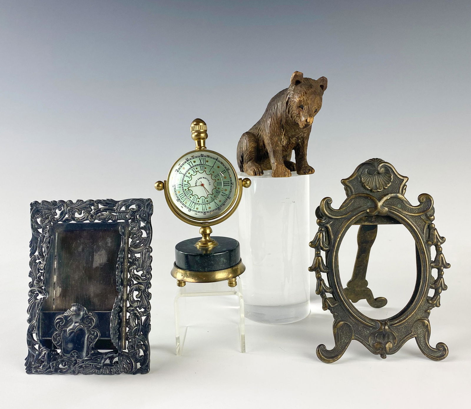 Silver Plate & Bronze Frames w Clock & Wooden Bear (1 of 8)