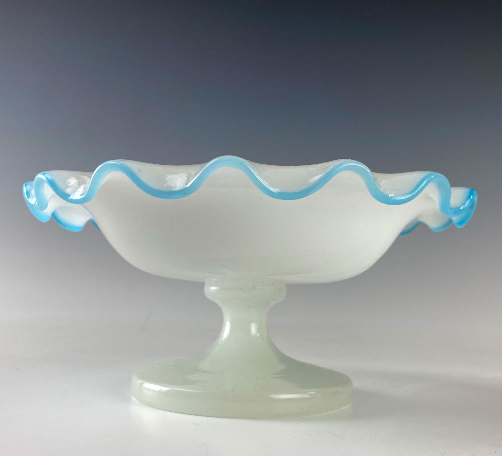 French Antique White Opaline Blue Ruffled Compote (1 of 4)