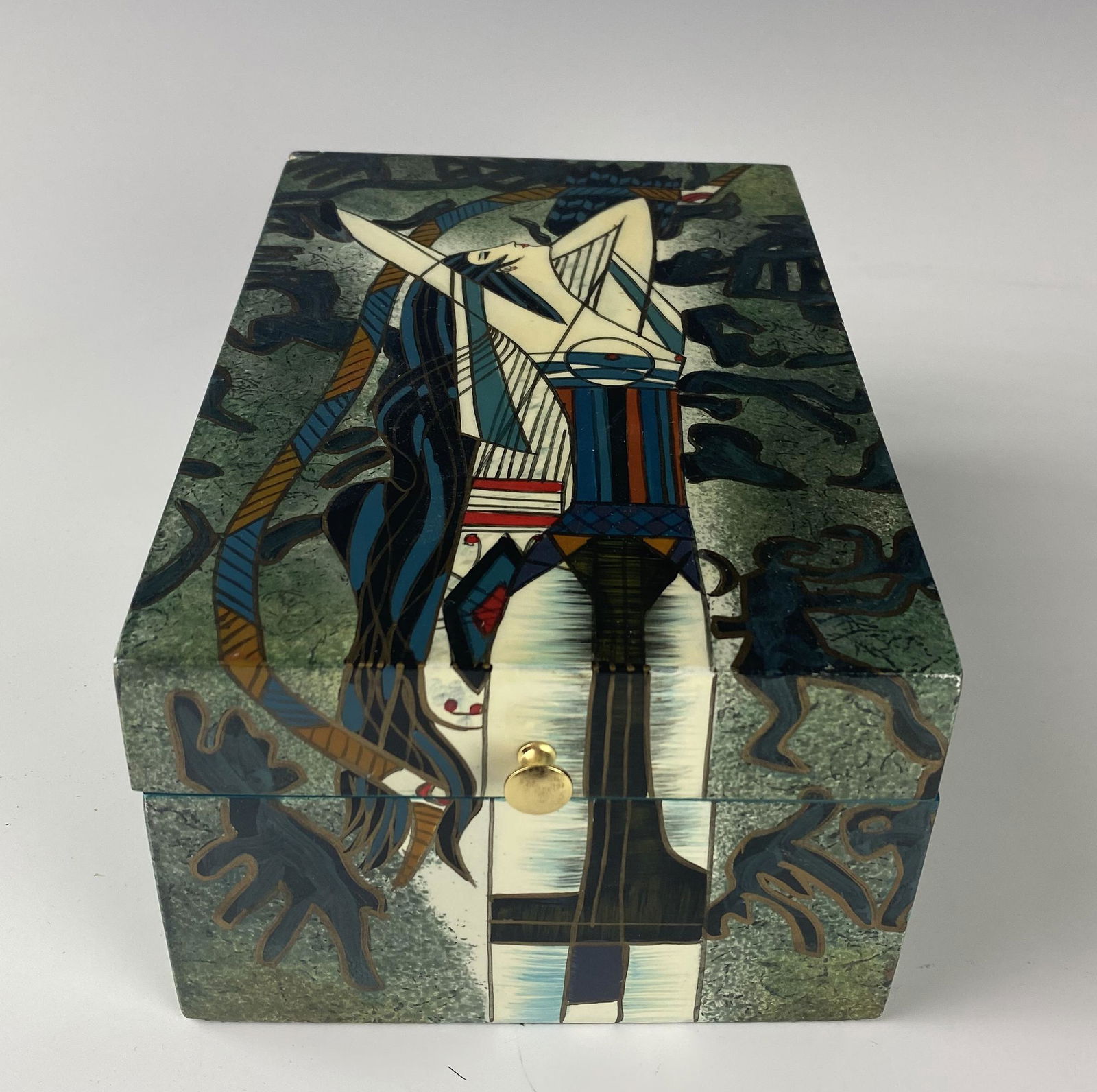 Art Deco Style Lacquered Figural Jewelry Ring Box (1 of 5)