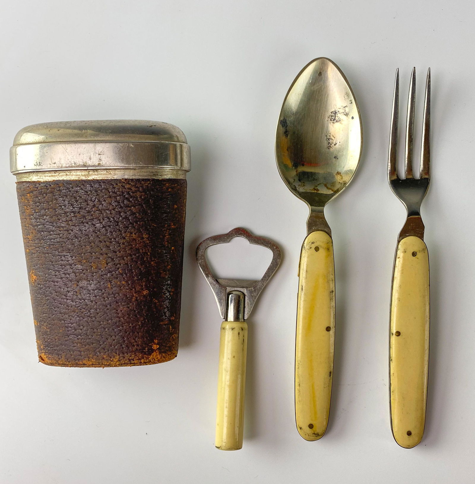 Camping Spoon Fork Bottle Opener Leather Metal Box (1 of 4)