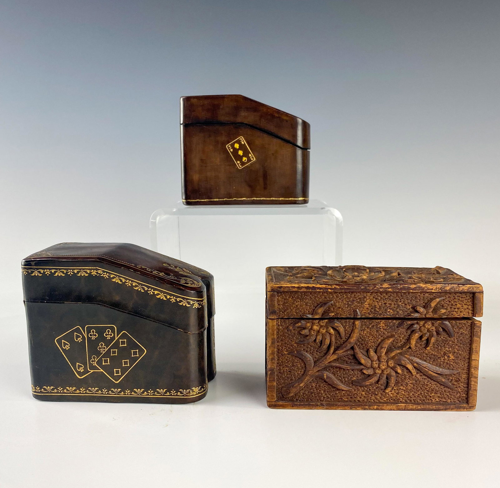 Leather & Carved Wood Playing Card Boxes GROUP LOT (1 of 7)