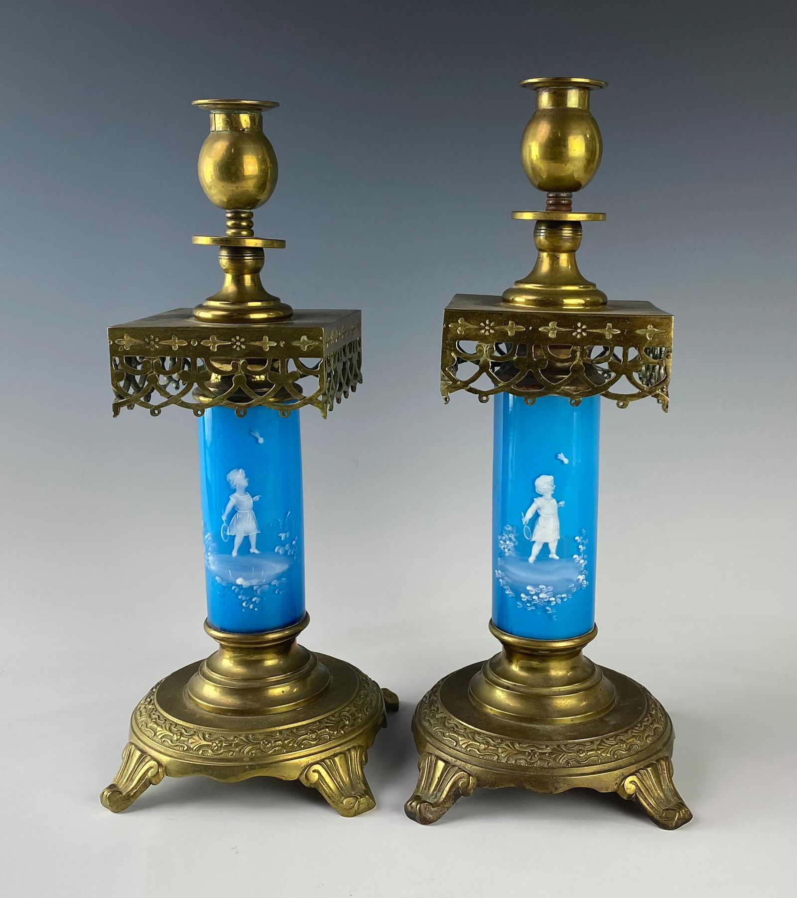 Mary Gregory Enamel Opaline Brass Candelabra PAIR (1 of 6)
