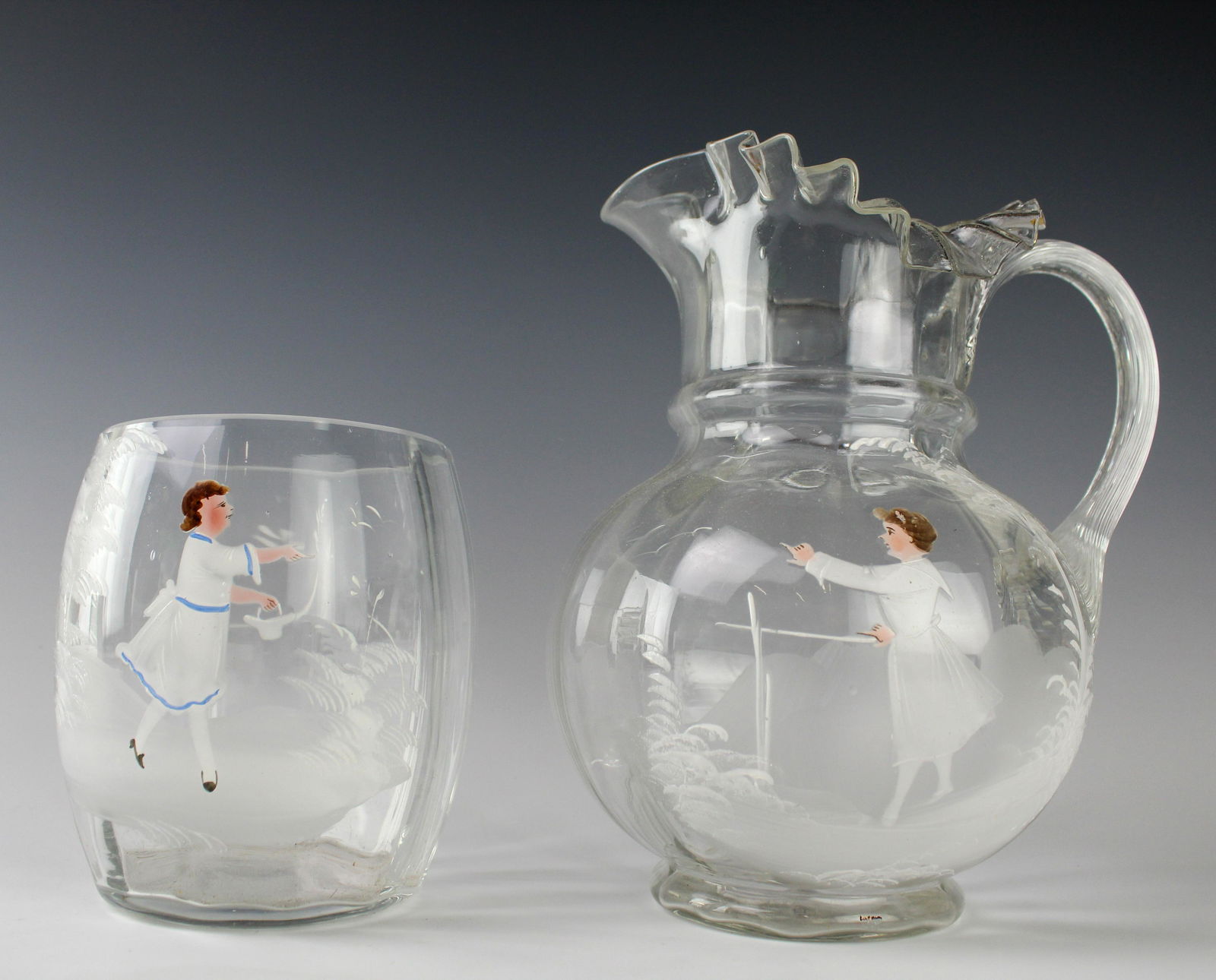 Mary Gregory Enamel Glass Water Pitcher Jug & Vase (1 of 5)