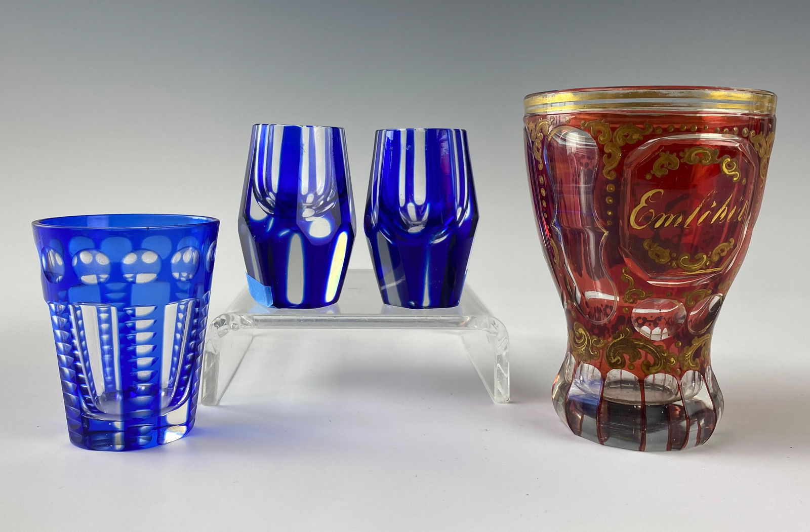 Bohemian Czech Cobalt Red Cut Clear Glasses & Vase (1 of 5)