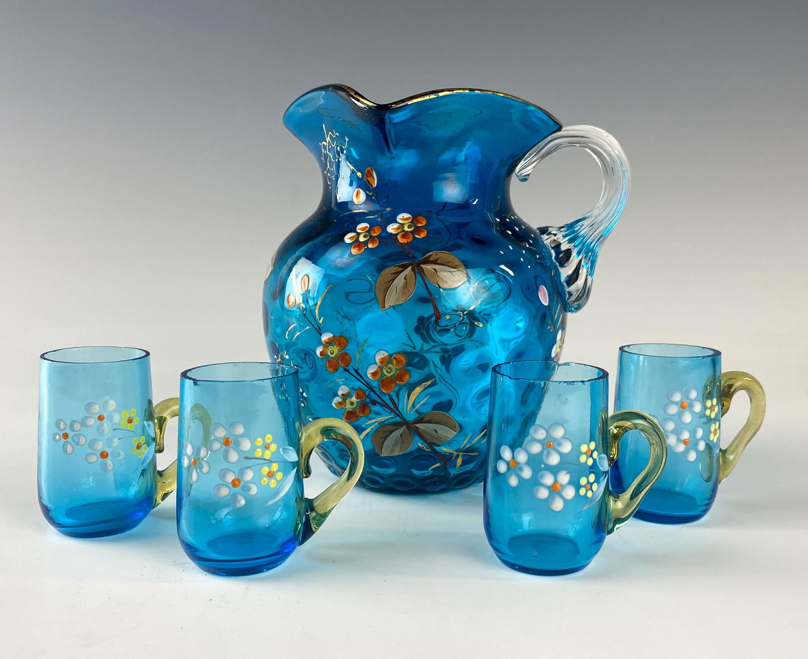 Victorian Painted Enamel Coin Dot Jug & 4 Glasses (1 of 8)