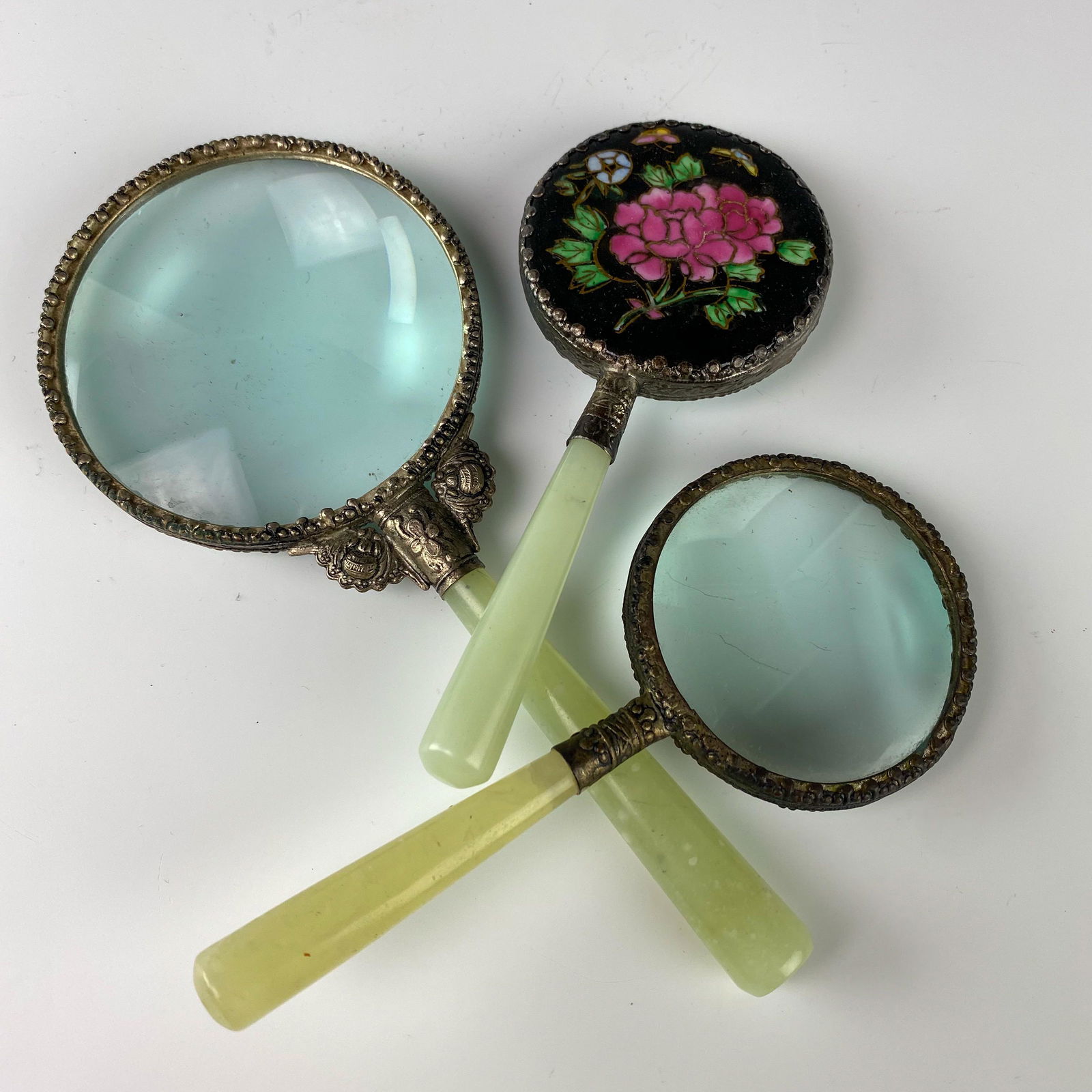 Chinese Silver Plate Jade Hand Mirror & Magnifiers (1 of 4)