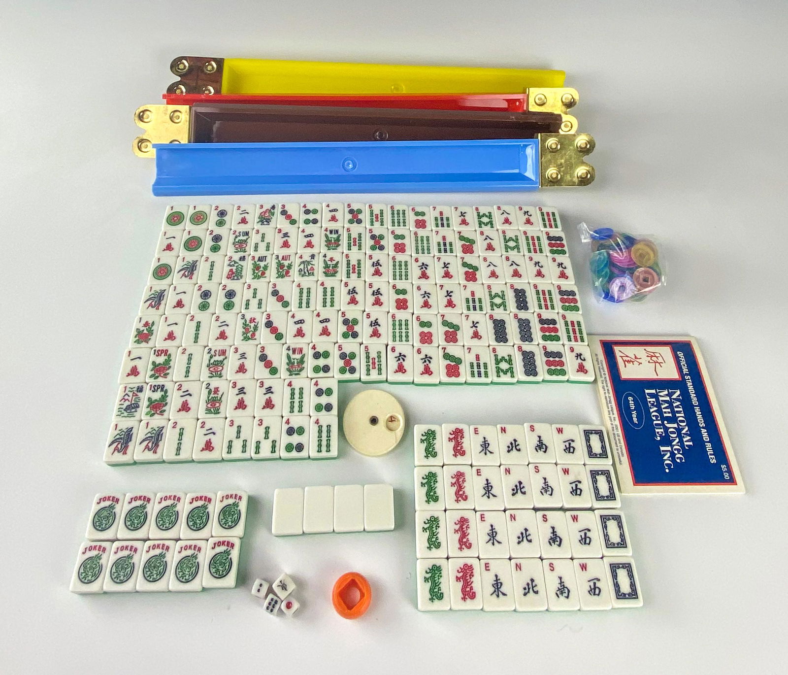 Mah Jong Board Game 156 Plastic 10 Jokers 4 Racks (1 of 6)