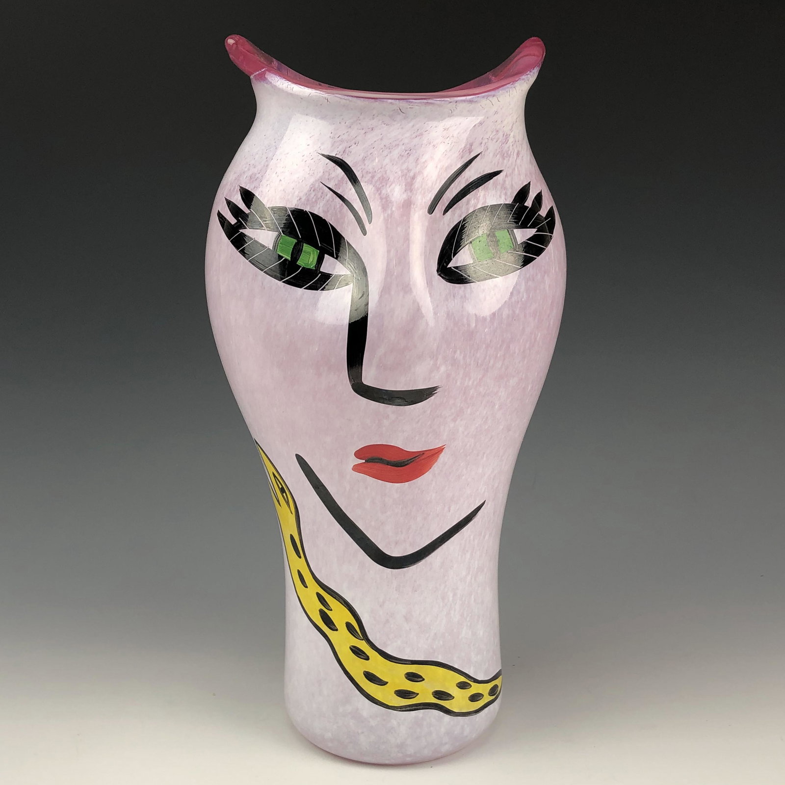 Kosta Boda Ulrica Hydman Vallien Art Glass Vase: Generously large studio blown hand painted glass article from the Swedish Glass Company of Kosta Boda. Designed by Ulrica Hydman Vallien (Swidish, 1938-2018) Swedish artist who is known for her painte