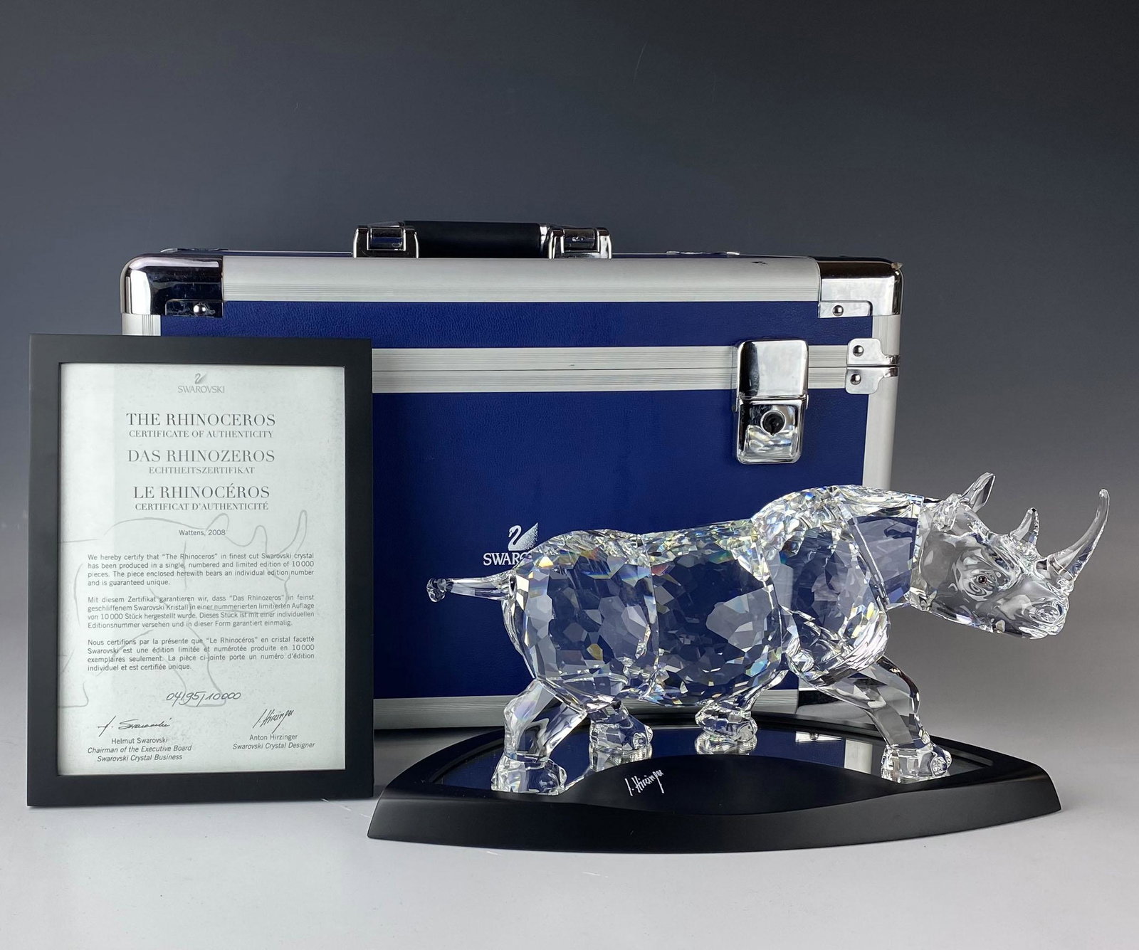 Swarovski Crystal Rhino 2008 LE Figurine Box COA: This Rhino is the sixth numbered limited edition produced by Swarovski. Designer : Anton Hirzinger. Introduced in 2008. Executed in a Limited Edition size numbered 4195 / 10,000. Discontinued / Retire