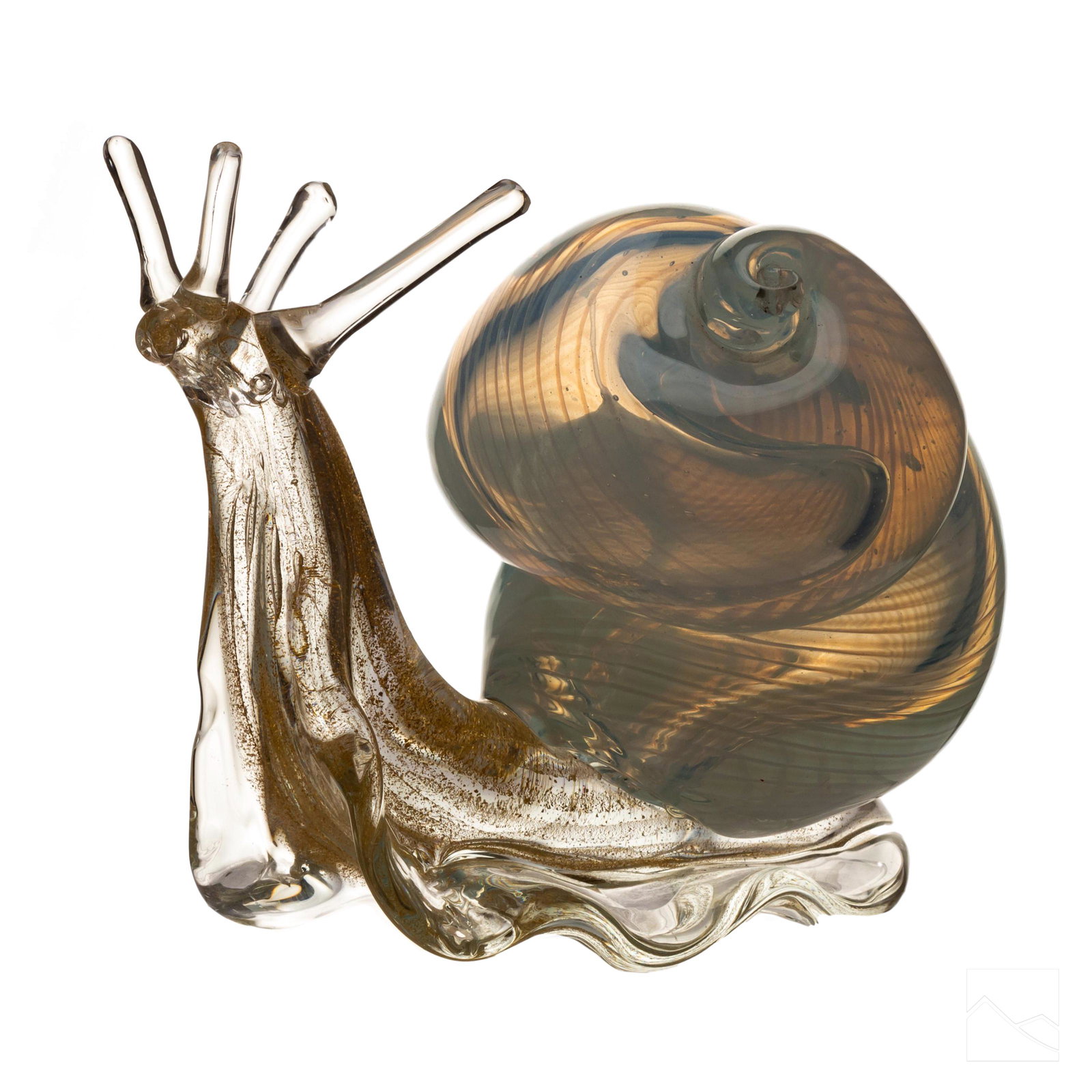 Murano VTG Italian Venetian SIGNED Art Glass Snail: Murano (Italian). Vintage art glass snail in a gold flecked body with stripped opaline shell cased in clear glass. Signed with reference numbers on polished pontil on base. Good overall condition with