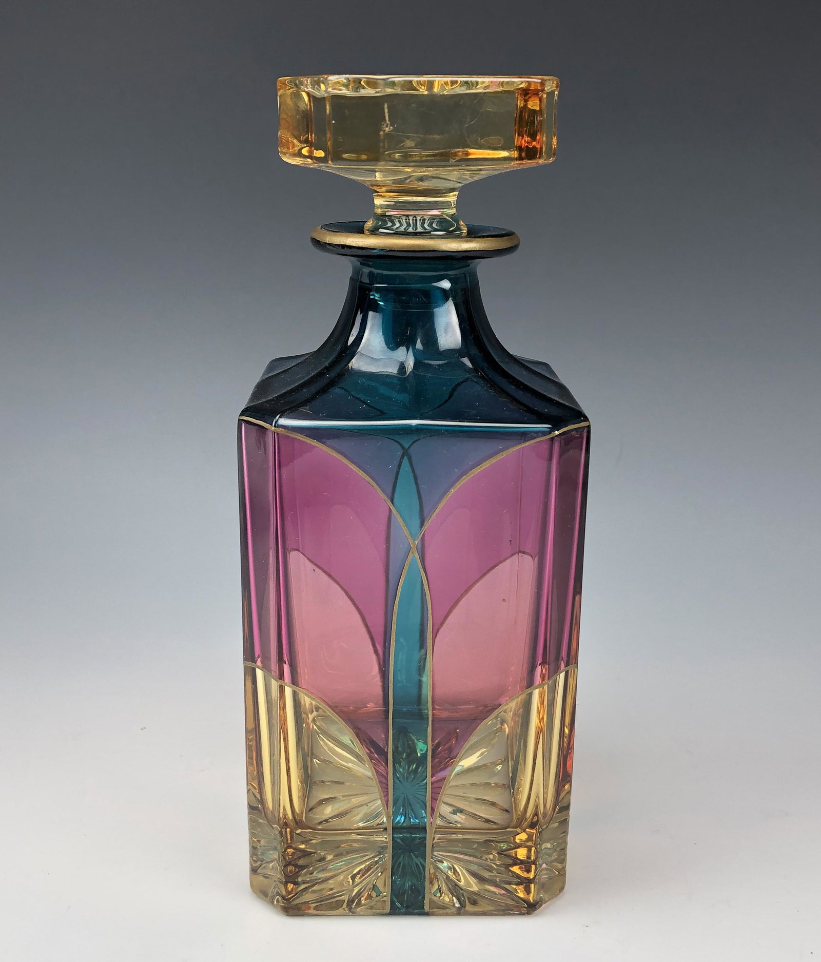 Caroli Venezia Murano Bar Barware Glass Decanter: Late 20th Century Signed Caroli Venezia Murano Italy Bar Barware Italian Glass Decanter. Nice geometric inspired rectangular shaped body. Decorated with blue, pink, amber and green multicolored hued g