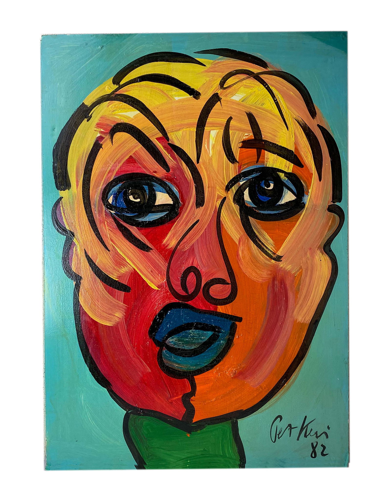Peter Keil (German, b.1942) Red Face Oil Painting: Peter Robert Keil (German / American, Born 1942) Neo-Expressionist. Original painting board. UNFRAMED. Signed and dated 1982 lower right. Work measures 39 1/2 in x 27 3/4 in. Good condition showing mi