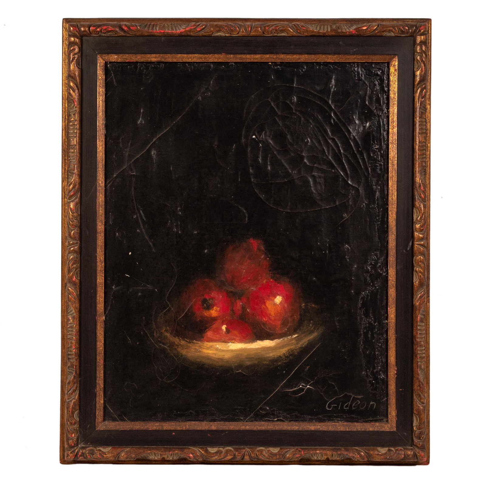 Elmo Gideon 1924-2010 SIGNED Still Life Painting: Elmo Gideon (American, 1924-2010). Signed original still life oil painting on canvas, red apples in a bowl against a dark background in the Old Master tradition. Artist signature lower right. Fair con