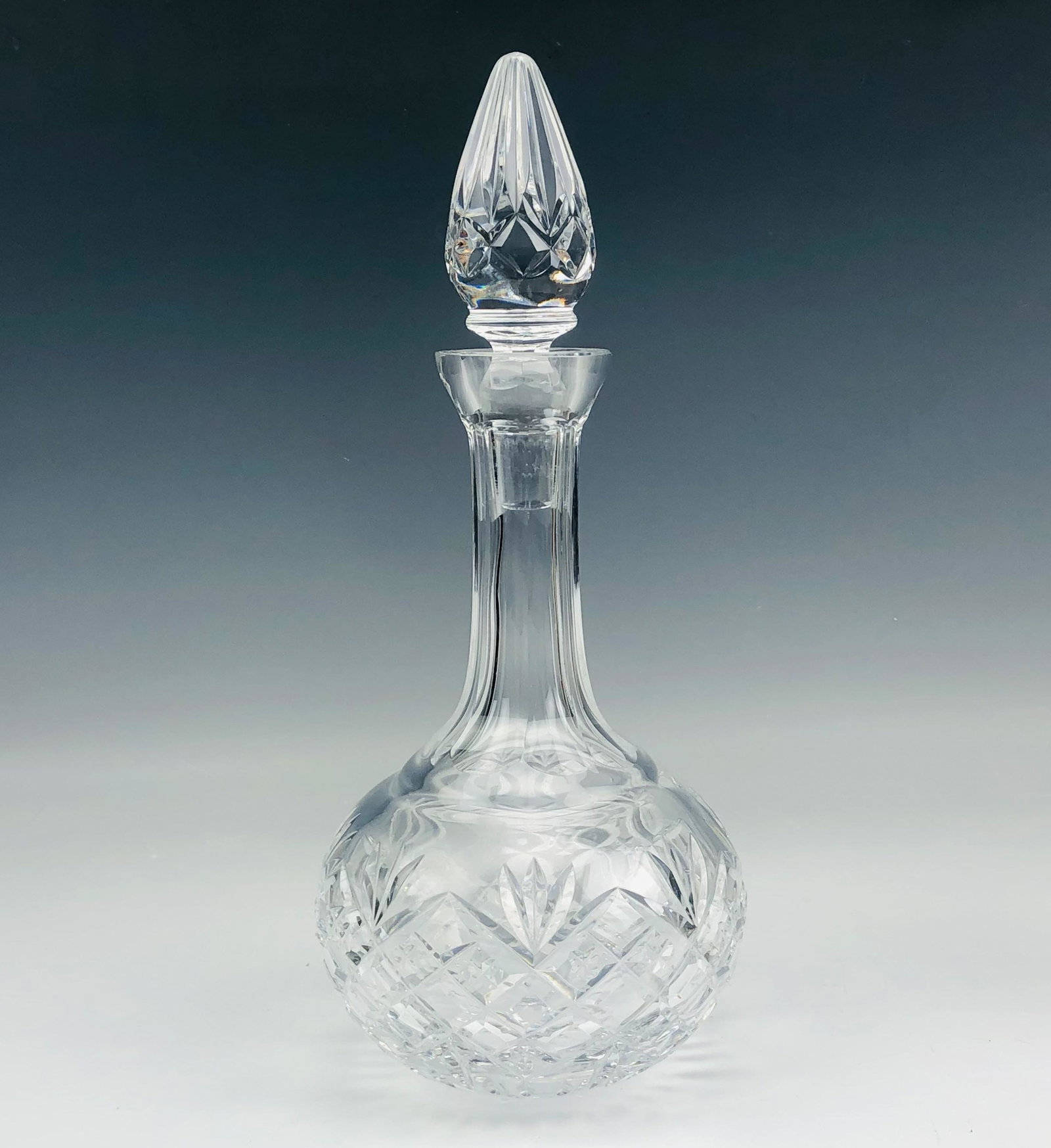 Waterford Crystal "Drogheda" Wine Liquor Decanter: Waterford Cut Crystal Bar Barware Signed Alcohol Liquor Art Glass Decanter. Pattern: Drogheda introduced in 1988. Discontinued / Retired in 2017. Graced with a elongated panel cut design on the neck o